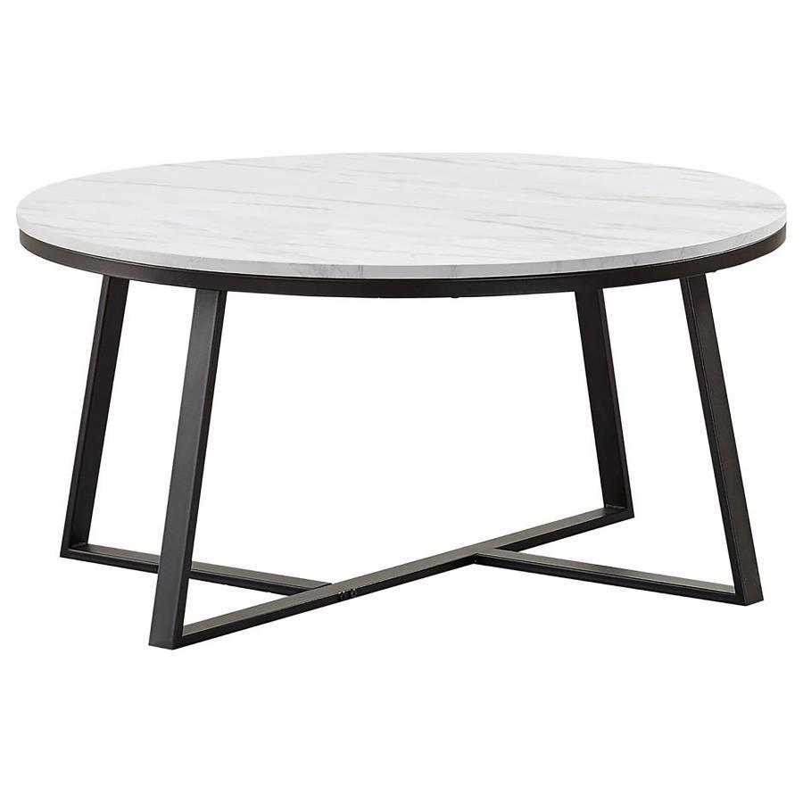 Coaster Fine Furniture Hugo - Round Faux Marble Coffee Table - White And Matte Black | Meri Furniture