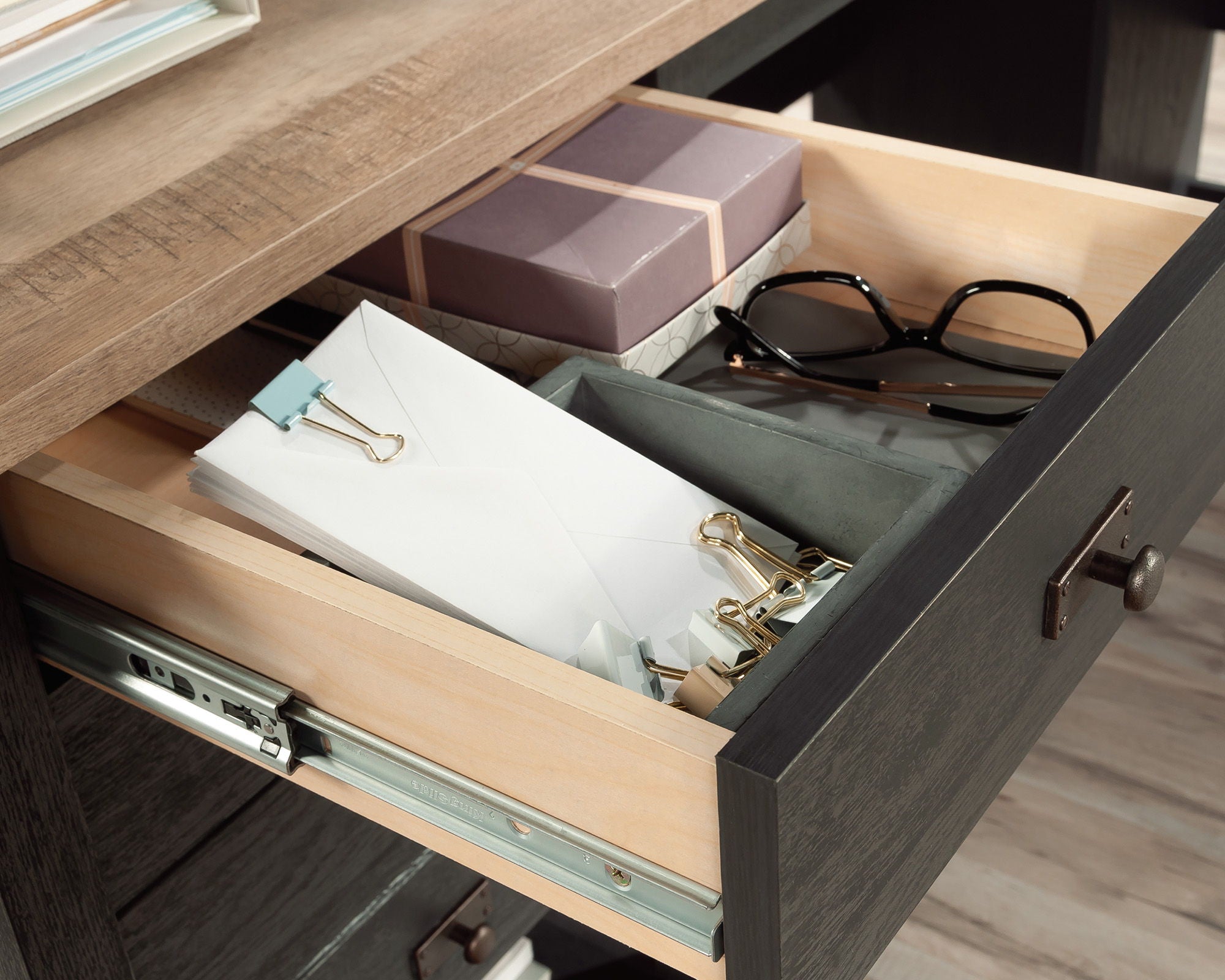 L-Shaped Desk with Drawers in Raven Oak