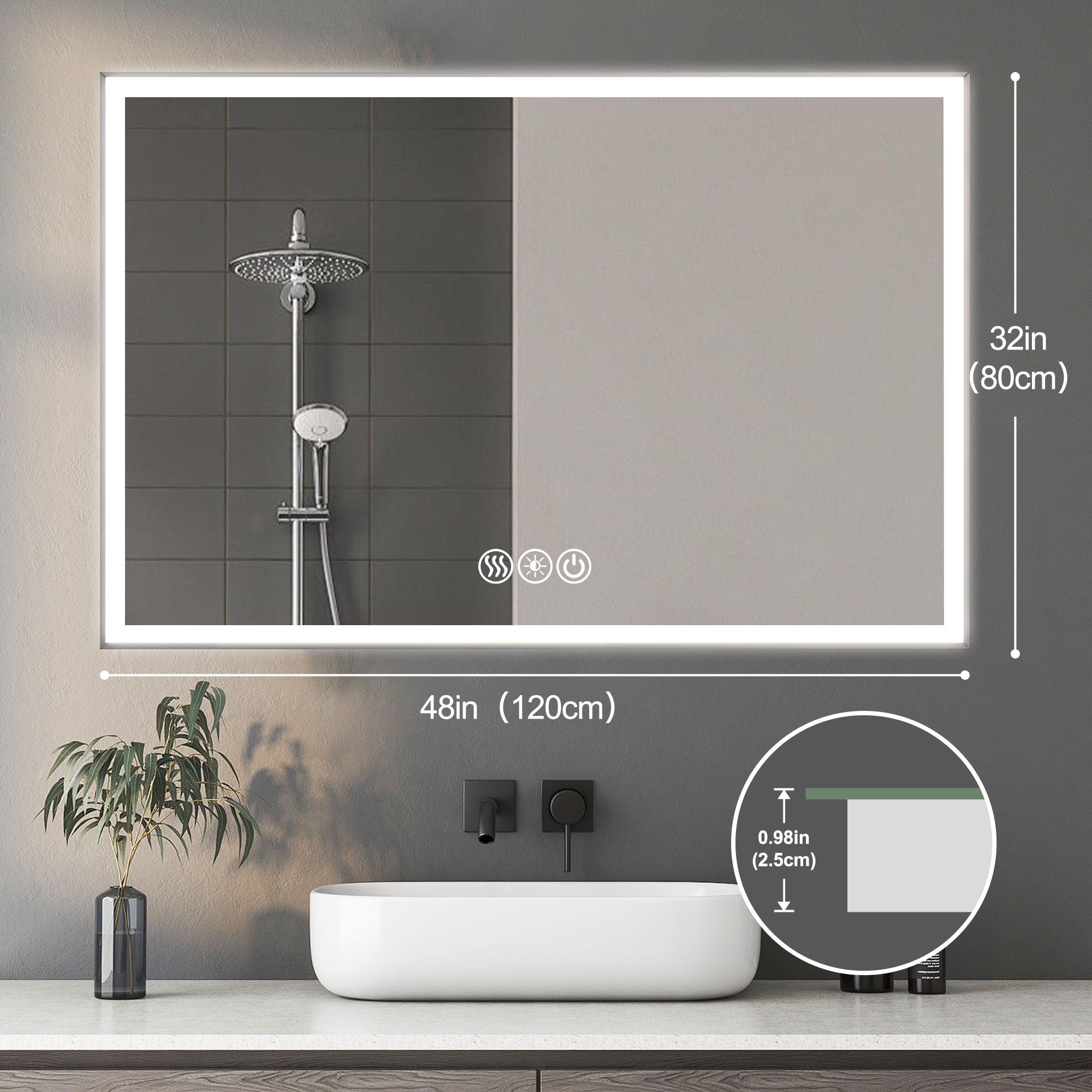 Modern LED Bathroom Vanity Mirror With Aluminum Frame, 45° Beveled Lights, Anti Fog - Silver