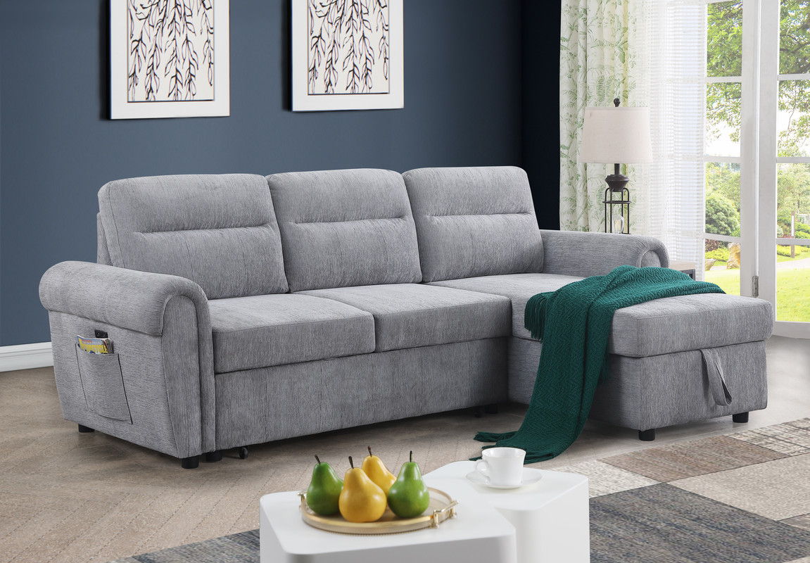 Hugo 97"W Light Gray Chenille Reversible Sleeper Sectional Sofa Chaise with USB Chargers, Phone/Magazine Pockets