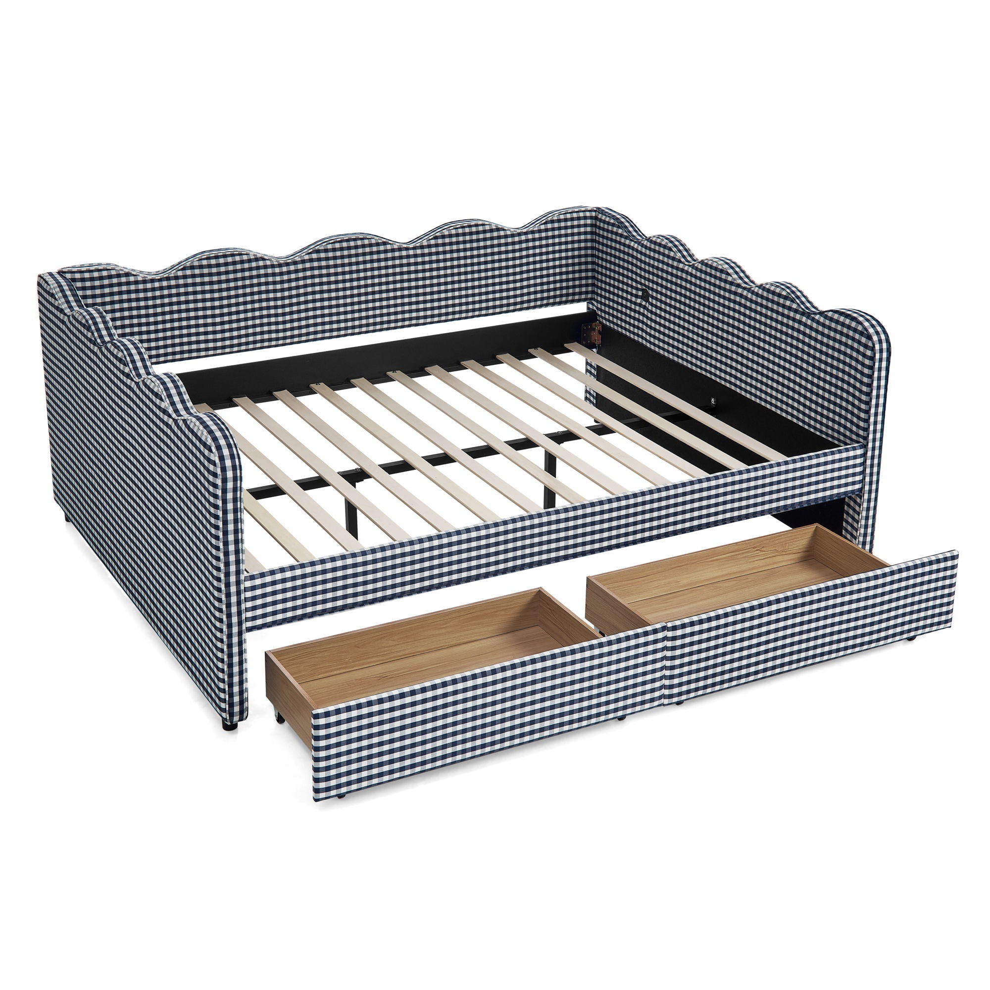 Gingham Daybed With USB Charging Port, Wave-Shaped Design