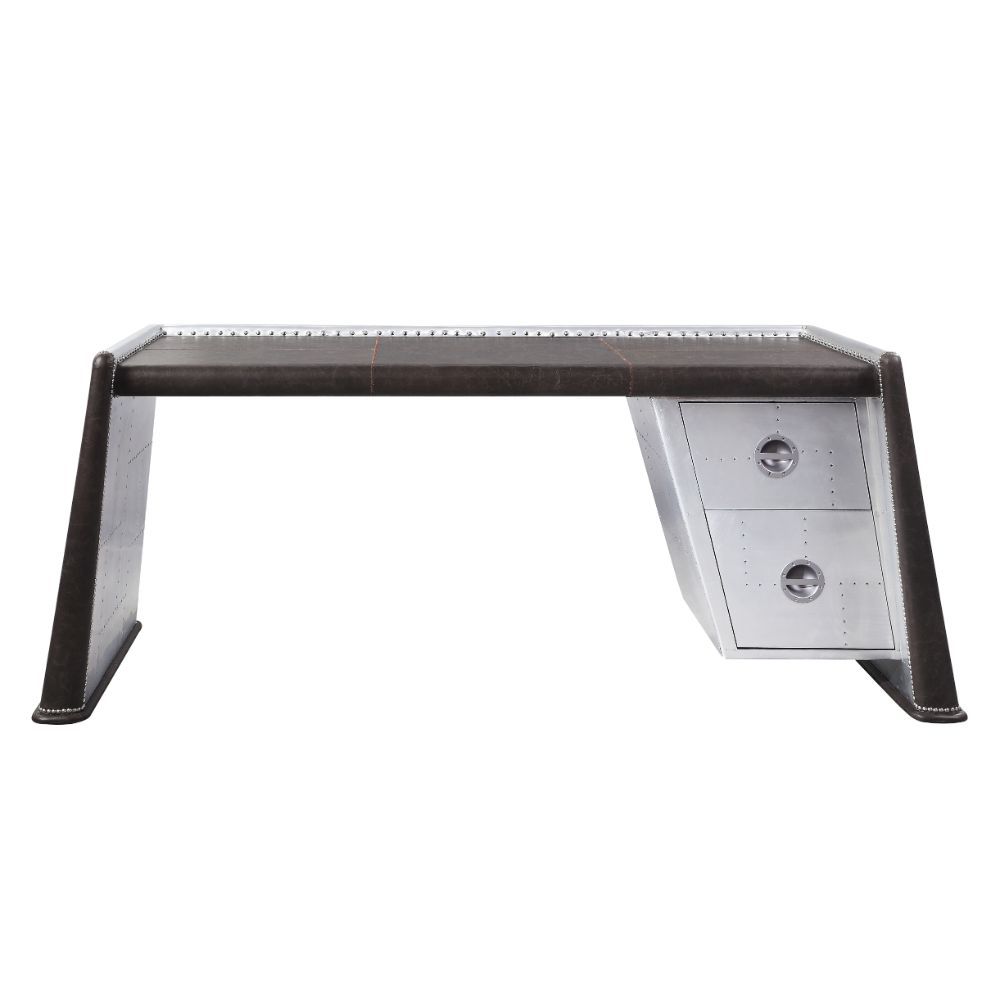 ACME Brancaster - Desk - Distress Chocolate Top Grain Leather & Aluminum | Meri Furniture