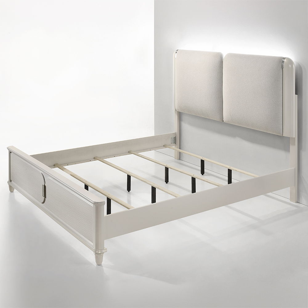 ACME Laveda - Eastern King Bed With LED - Light Gray Boucle & Pearl White Finish | Meri Furniture
