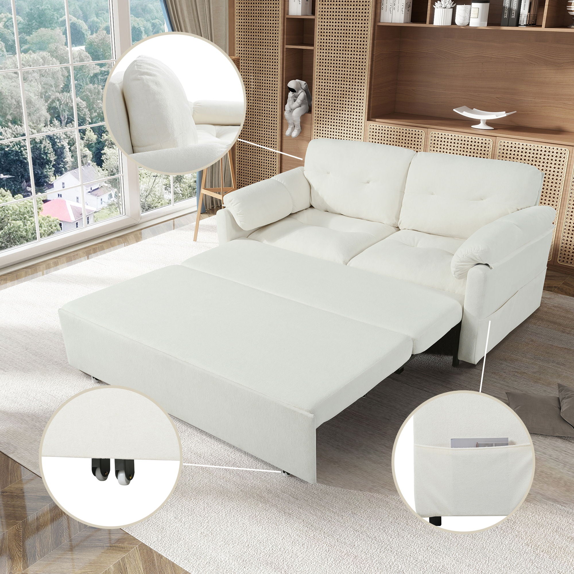 Modern Convertible Sleeper Sofa Bed With Pull-Out Queen Design, Side Storage & Thick Cushions