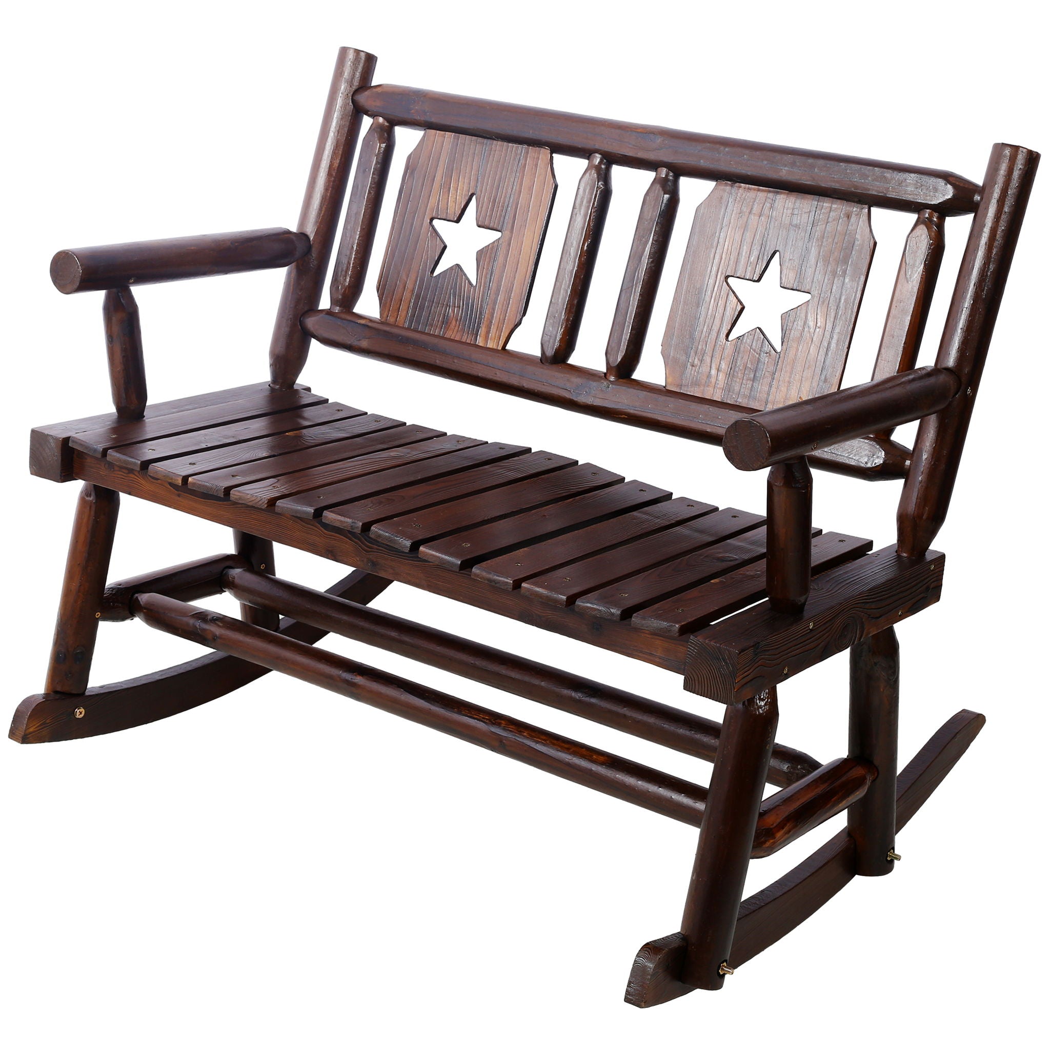 Rustic Outdoor Wood Rocking Bench Double Rocking Chair For 2 Persons With Curved Seat, Porch Rocker - Brown