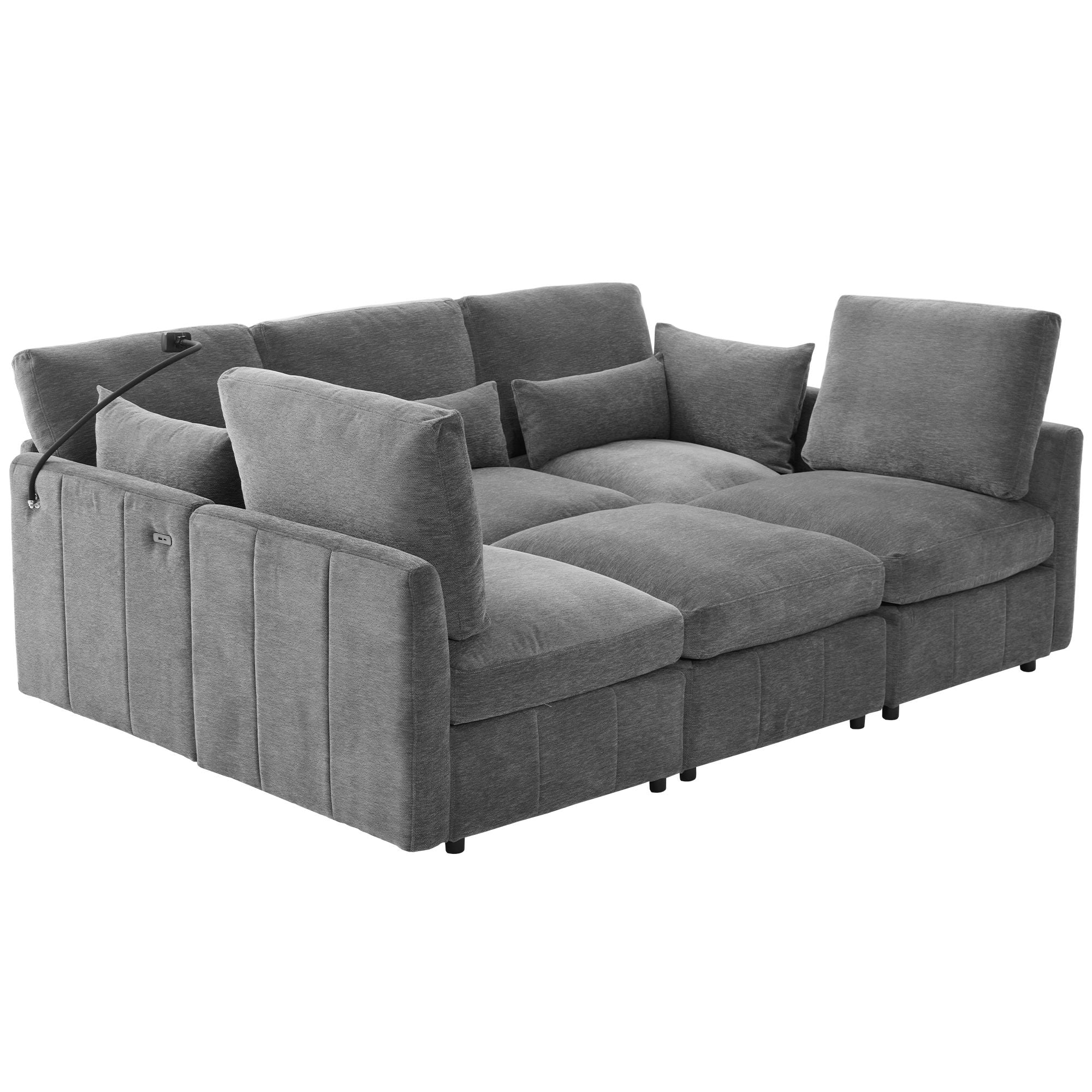 Modern Modular U-Shaped Sofa Bed With Movable Ottoman, USB Ports, Phone Holder