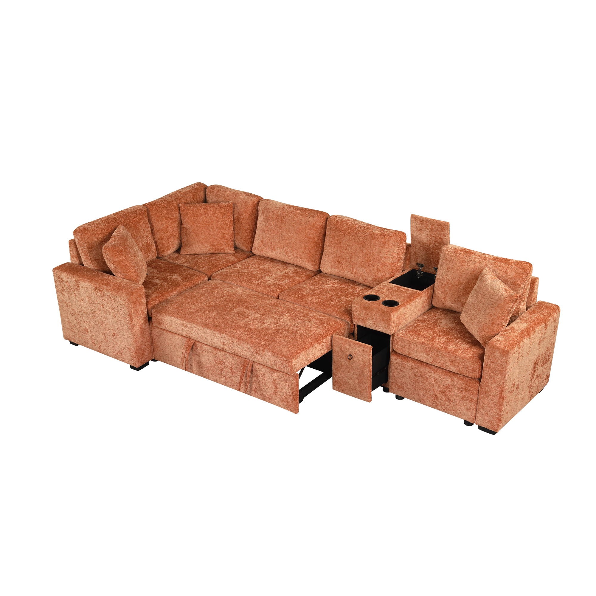 Contemporary L Shaped Convertible Sofa Bed With Pull Out Bed, Cup Holders, And Storage