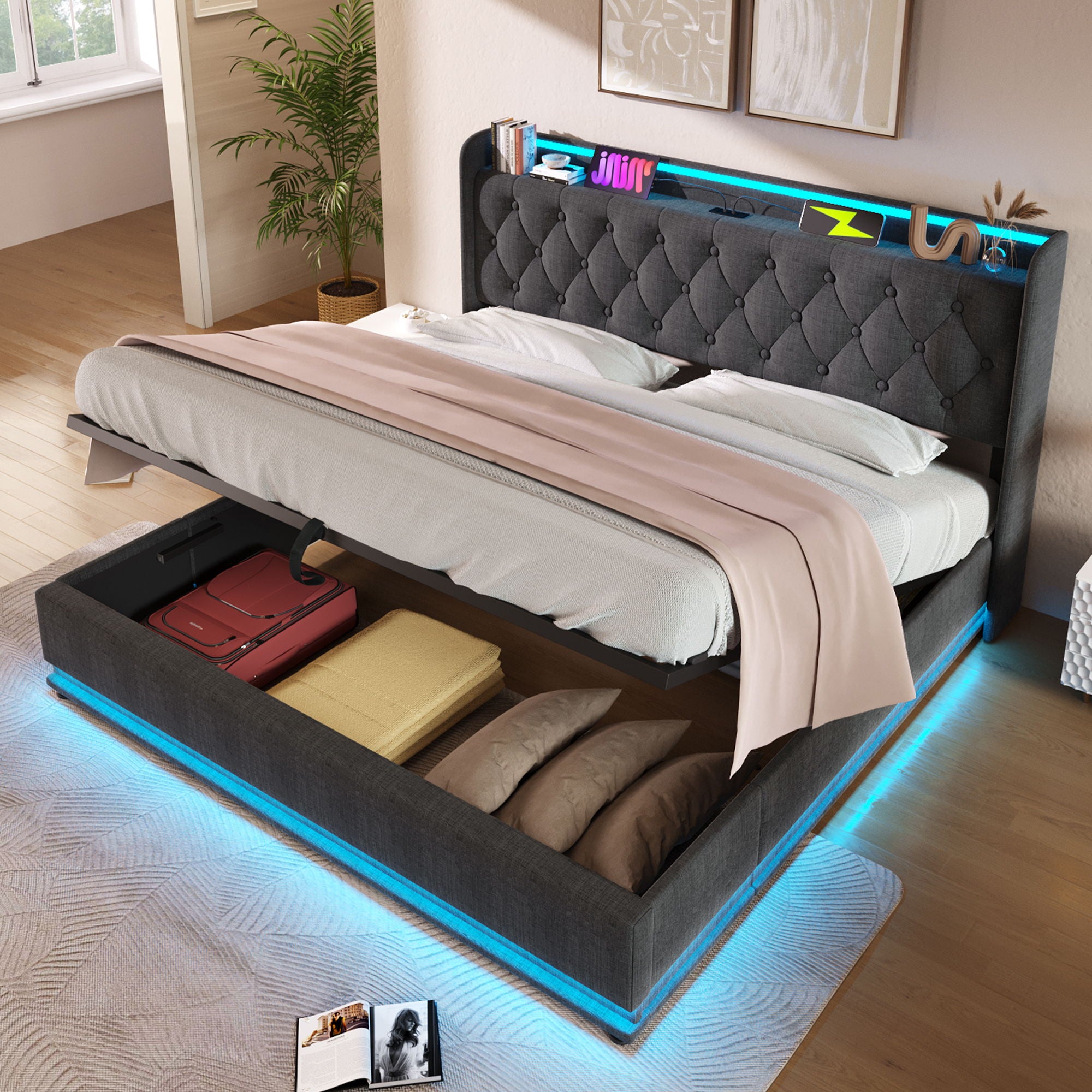 Upholstered Bed, 360 Surround LED Function, Remote Control, Hydraulic Storage Bed With USB, Type-C Charging (Without Mattress)