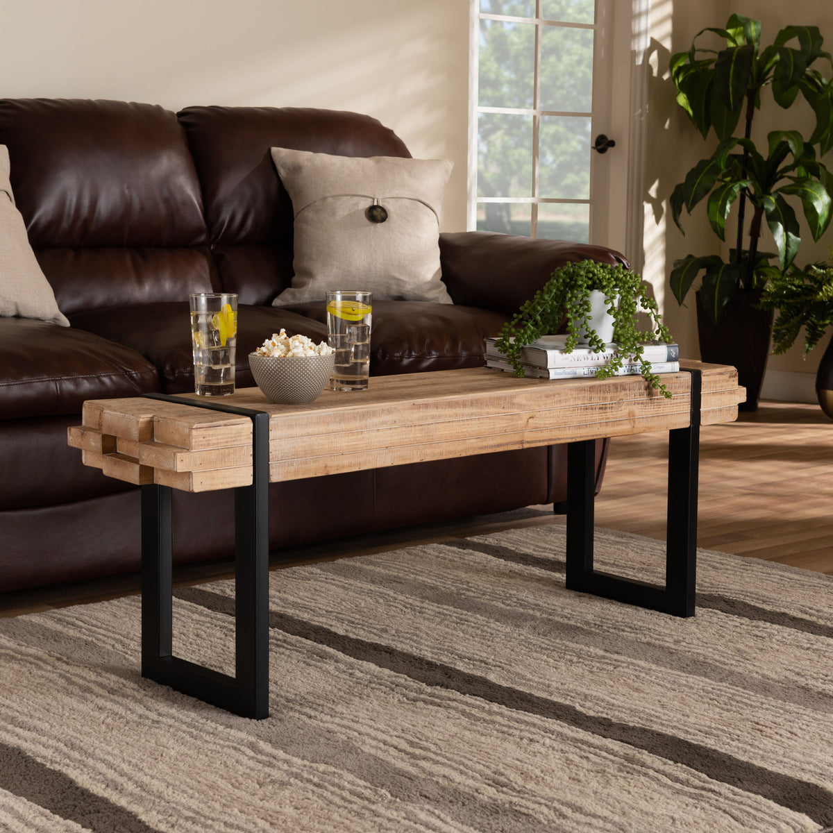 Henson Rustic and Industrial Natural Brown Finished Wood and Black Finished Metal Bench