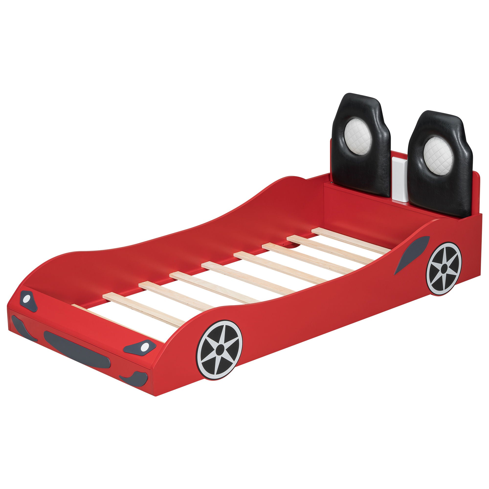 Race Car Shaped Platform Bed With LED And Upholstered Backrest In