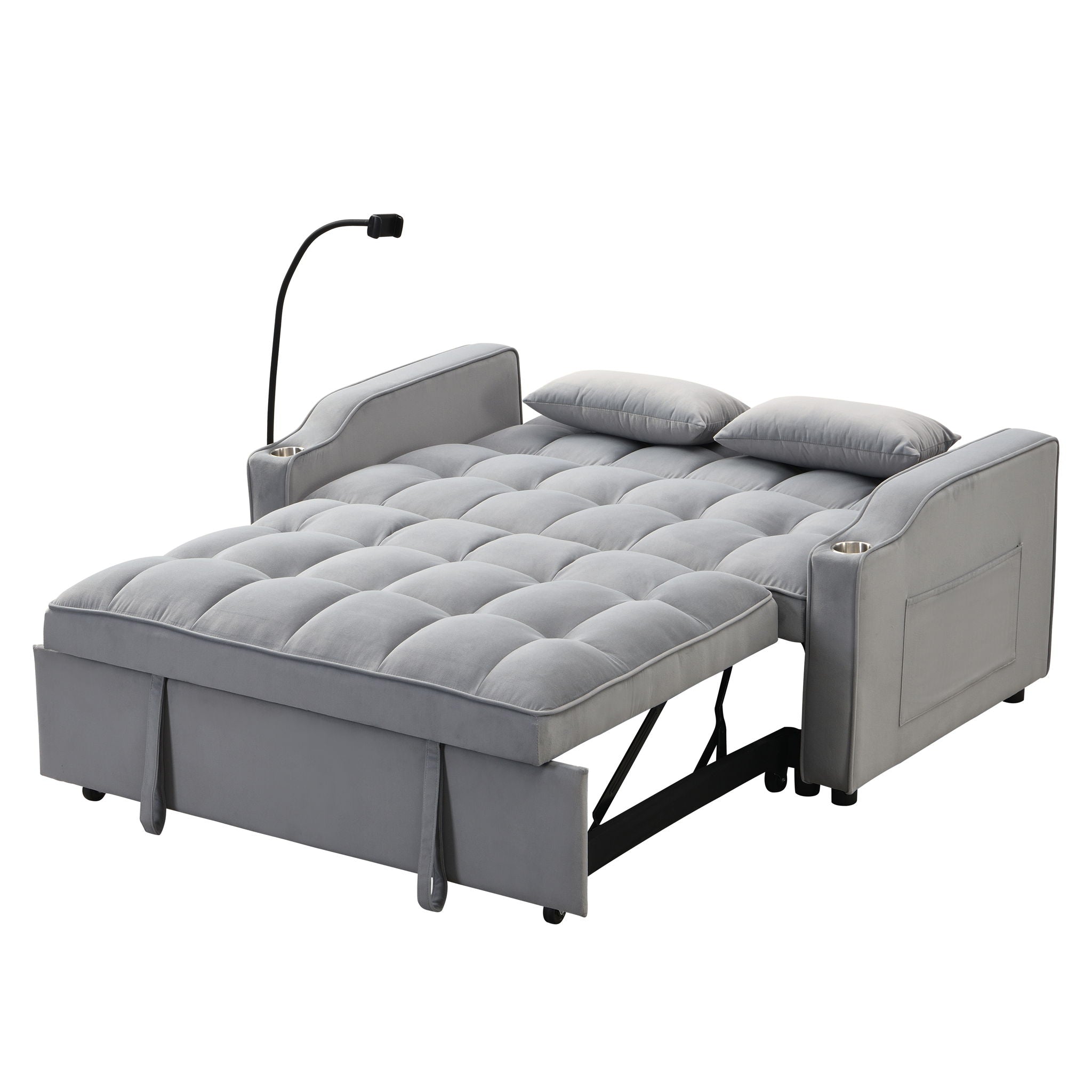 Modern Velvet Loveseat With Pullout Bed, Adjustable Reclining Backrest