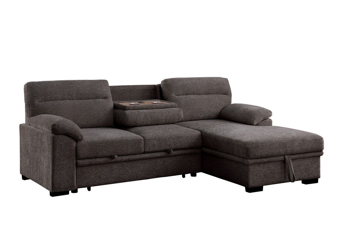 Kipling II 94"W Brown Chenille Fabric Sleeper Sectional Sofa with Right-Facing Chaise, Cupholders, USB Charging port