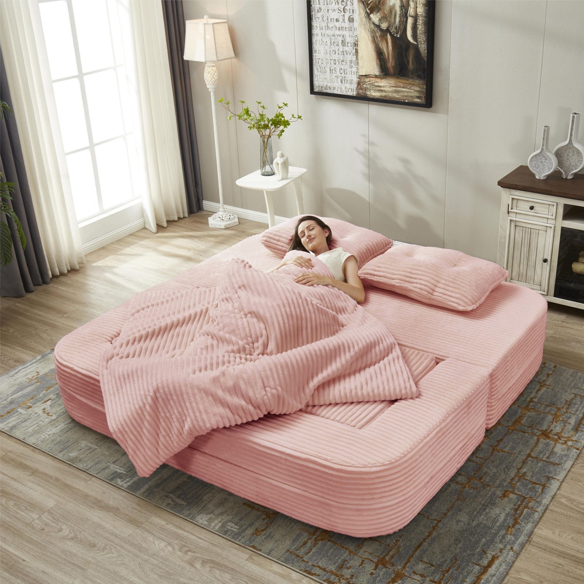 Multi Functional Sectional Sofa Bed With Independent Chaise Lounge And Functional Blanket, Convertible King Size Bed, Deep Seat - Baby Pink