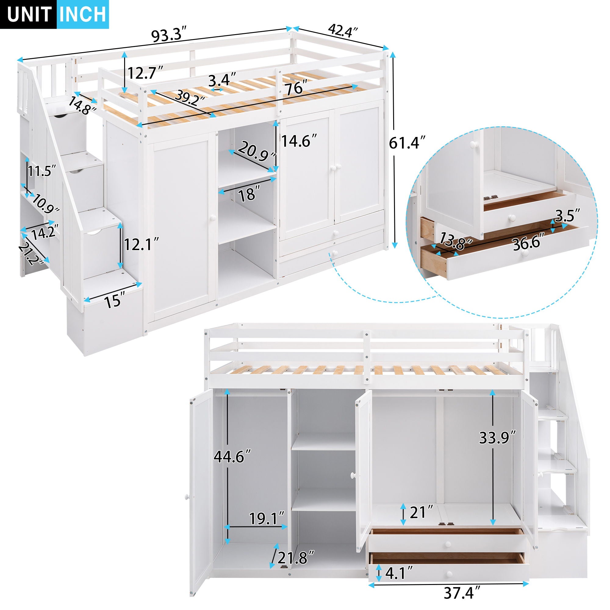 Loft Bed With 3 Shelves, 2 Wardrobes, 2 Drawers, Ladder Storage
