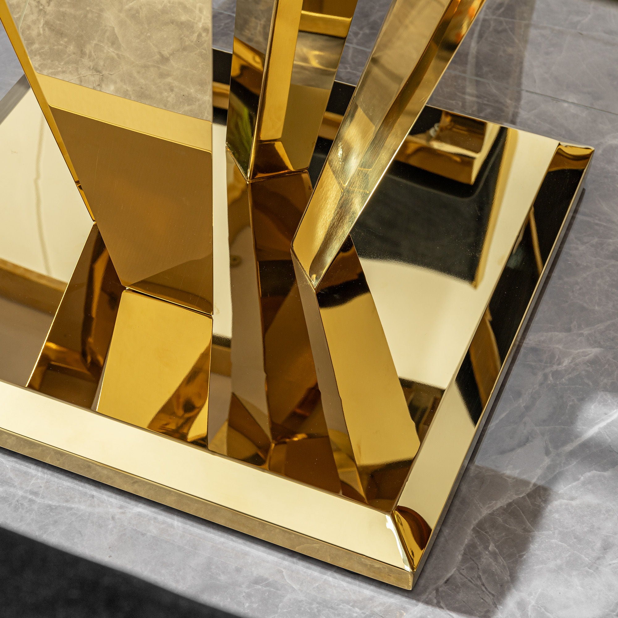 79.53 In. Elegant Marble Pattern Dining Table For 6 Or 8 Seats Polished Stainless Steel Base - Gold