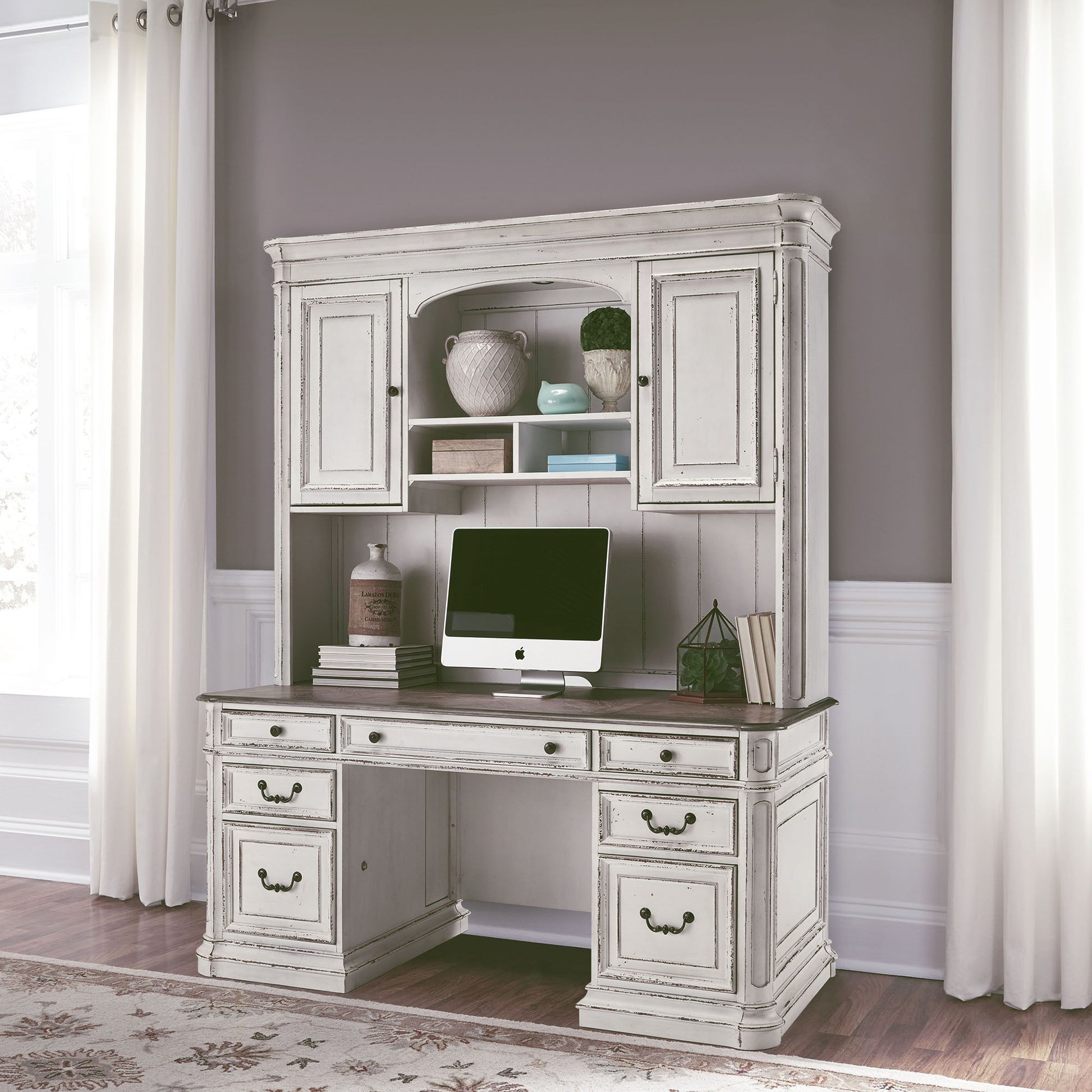 Liberty Furniture Magnolia Manor - Credenza & Hutch - White & Brown | Meri Furniture