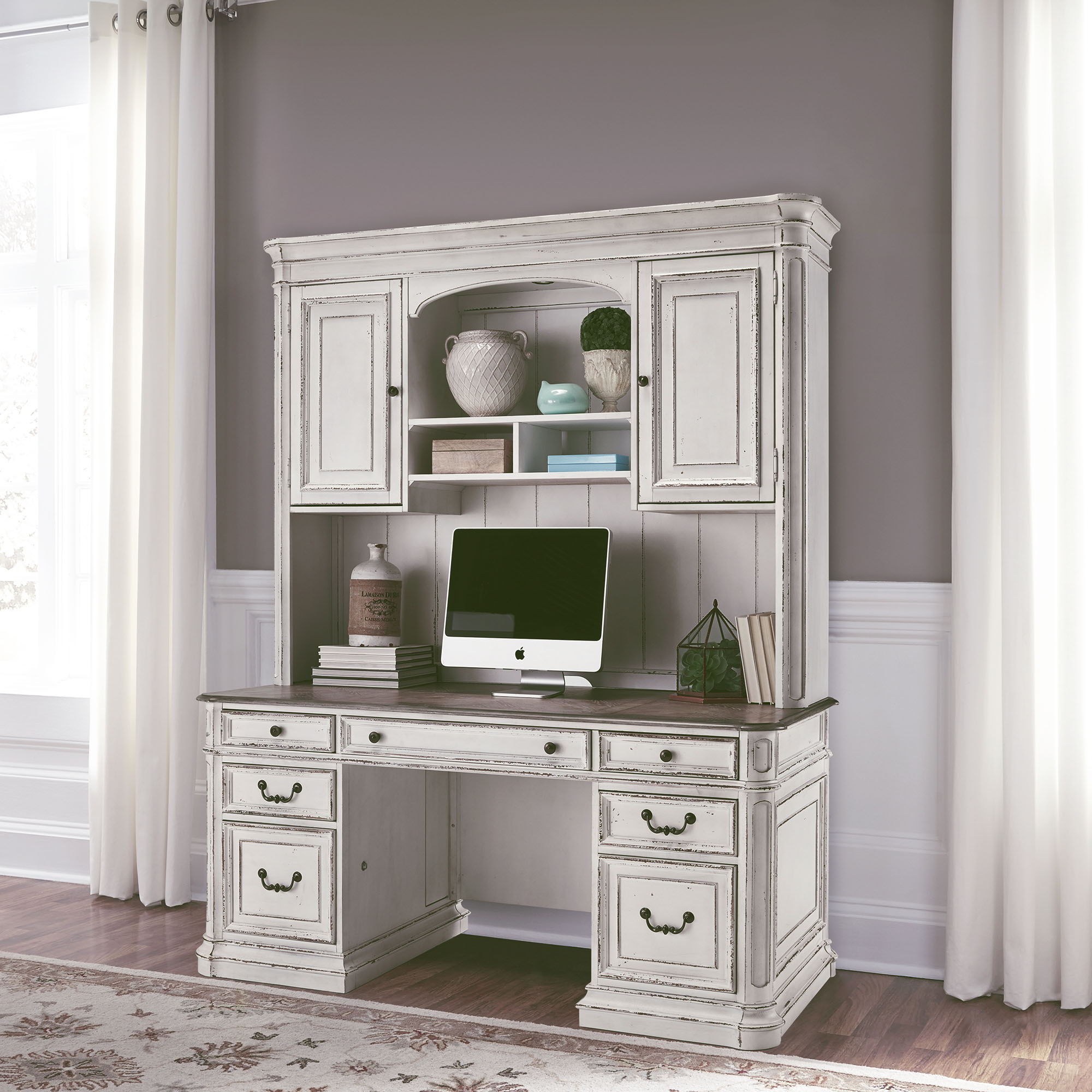 Liberty Furniture Magnolia Manor - Credenza & Hutch - White & Brown | Meri Furniture