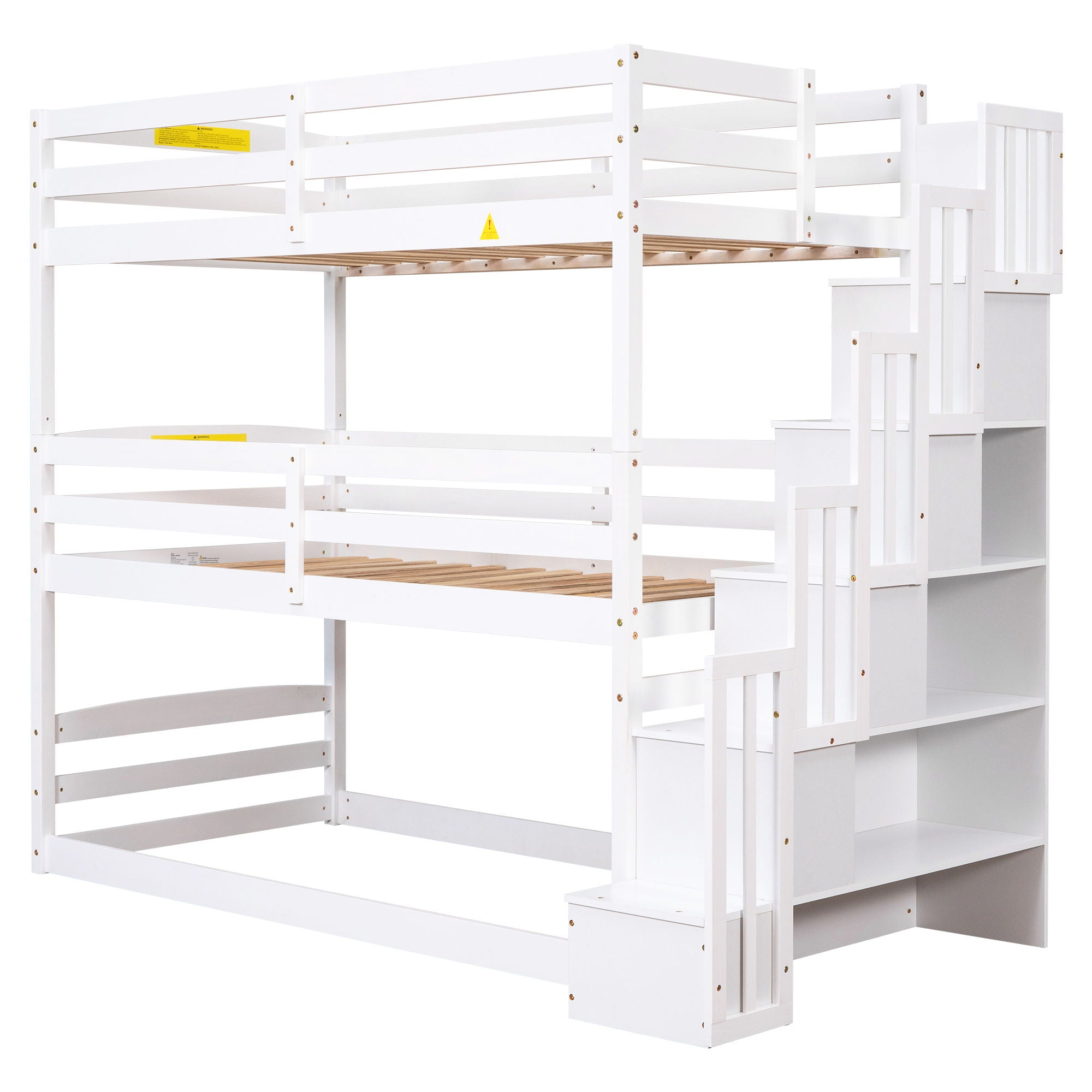 Twin Size Triple Bunk Bed With Storage Staircase, Separate Design - White