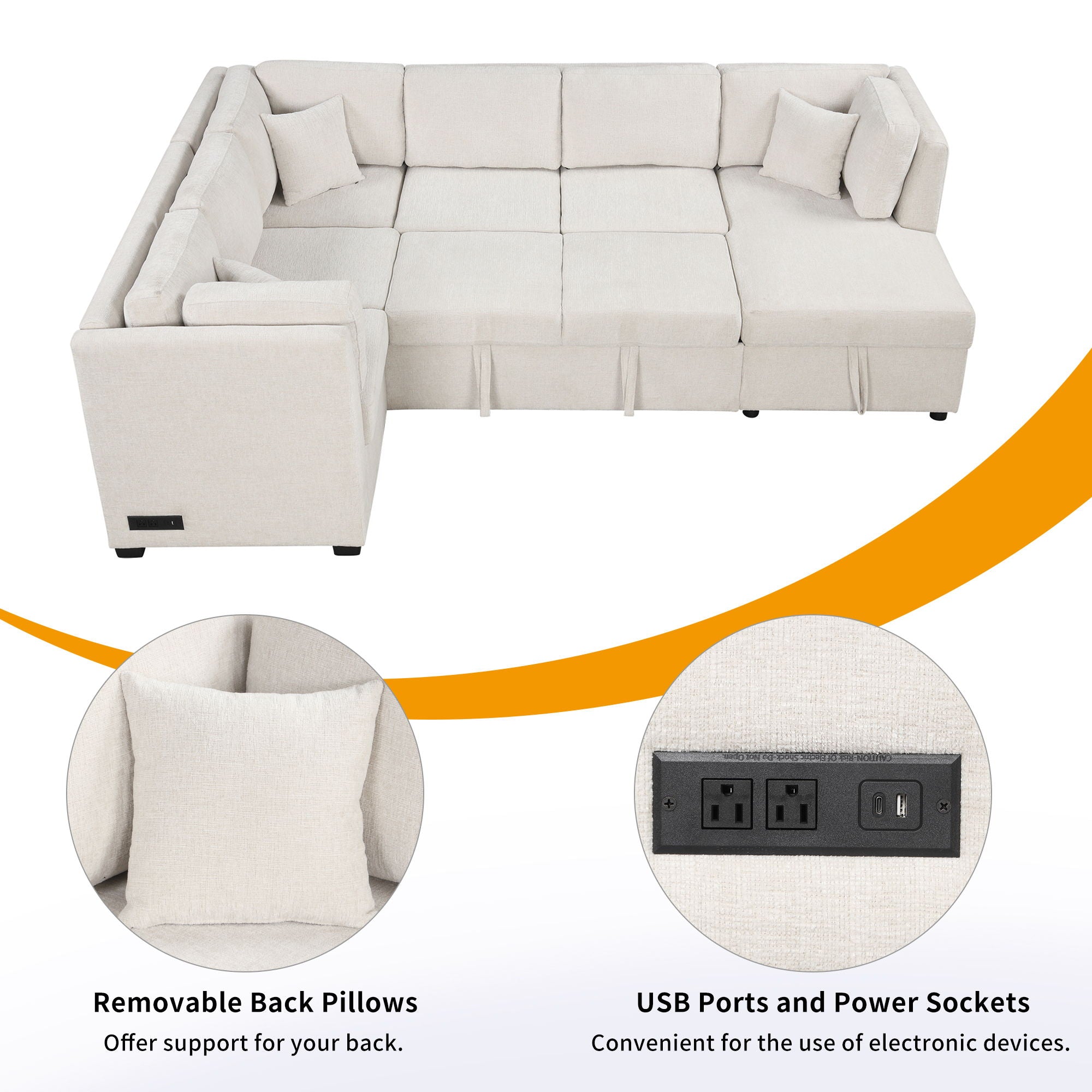 U-Shaped Sectional Sofa Pull Out Sofa Bed With Two USB Ports, Two Power Sockets, Three Back Pillows And A Storage Chaise For Living Room