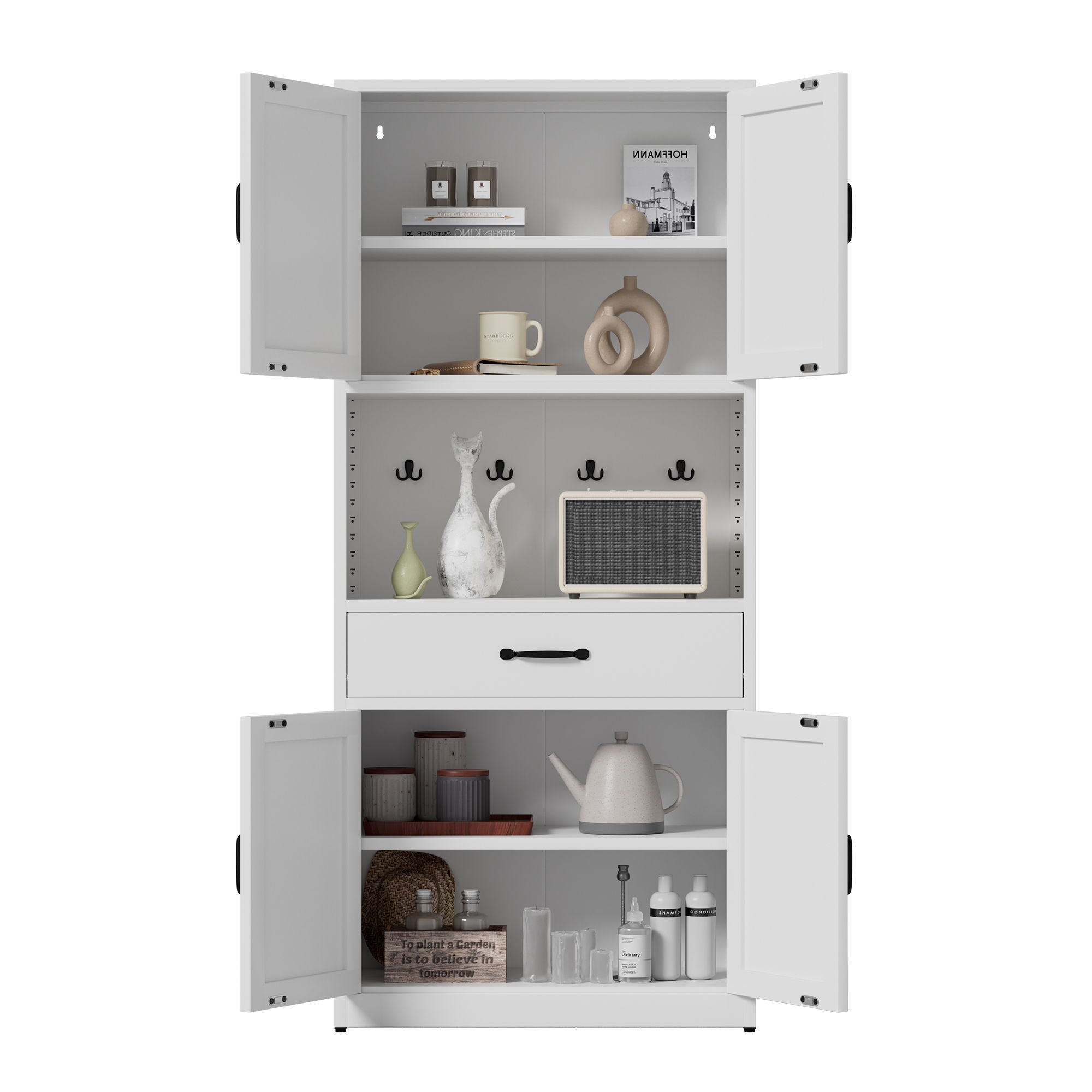 Kitchen Pantry Cabinet With Adjustable Shelves, Drawers, Hooks And Large Countertop - White