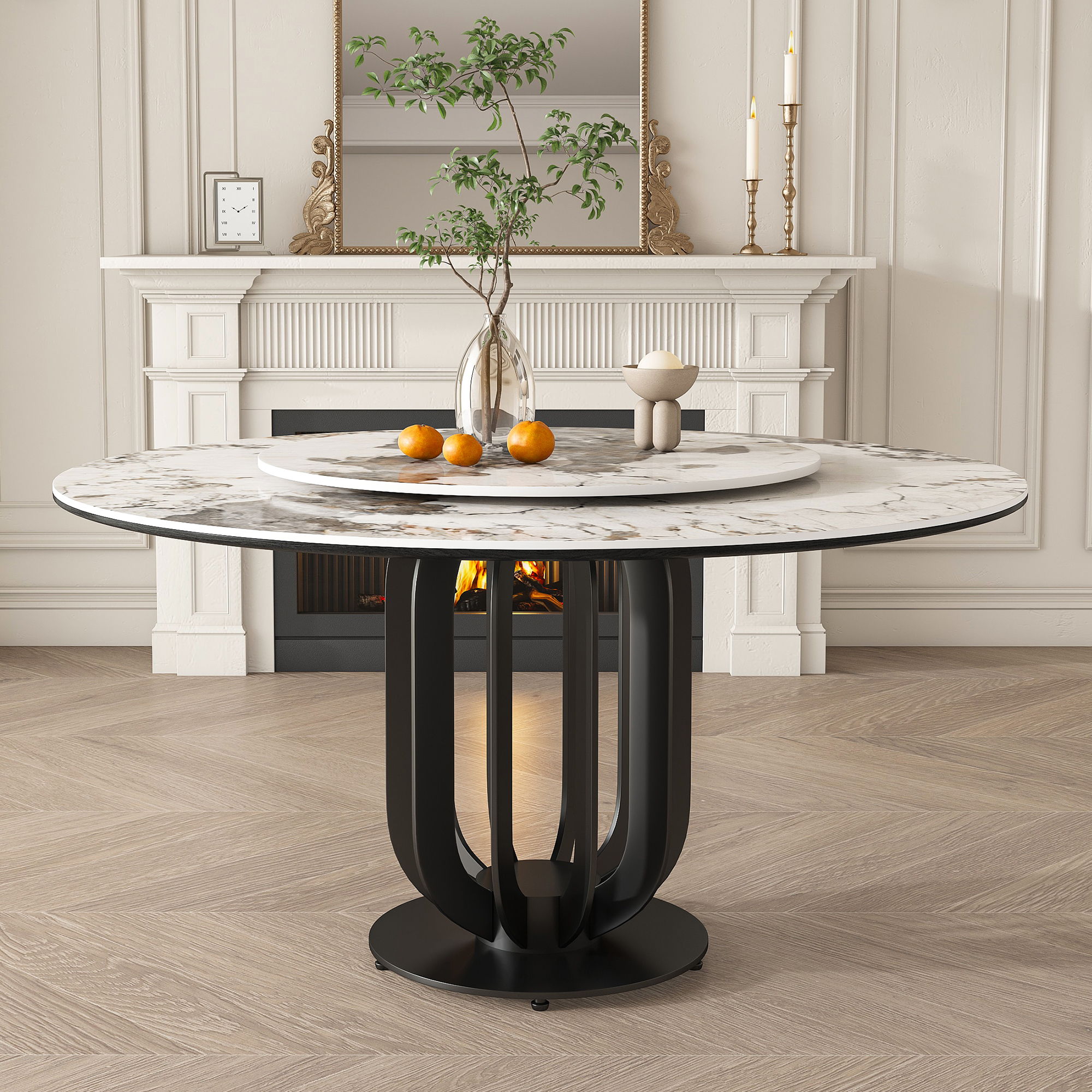 Round Dining Table With Carbon Steel Base And Lazy Susan Industrial Style - Black / White