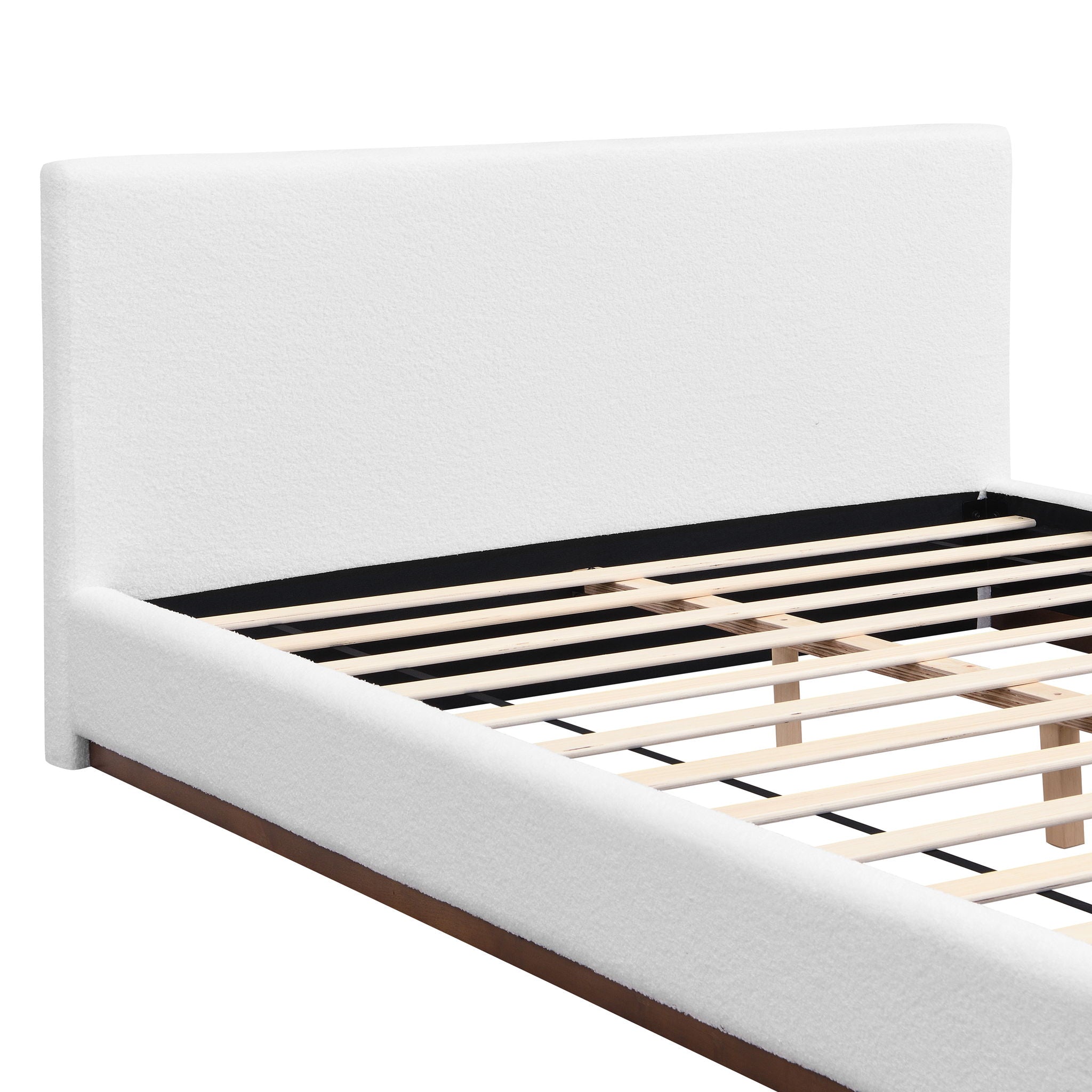 Elegant Boucle Upholstered Bed With Wood Grain Textured Solid Wood Base Frame