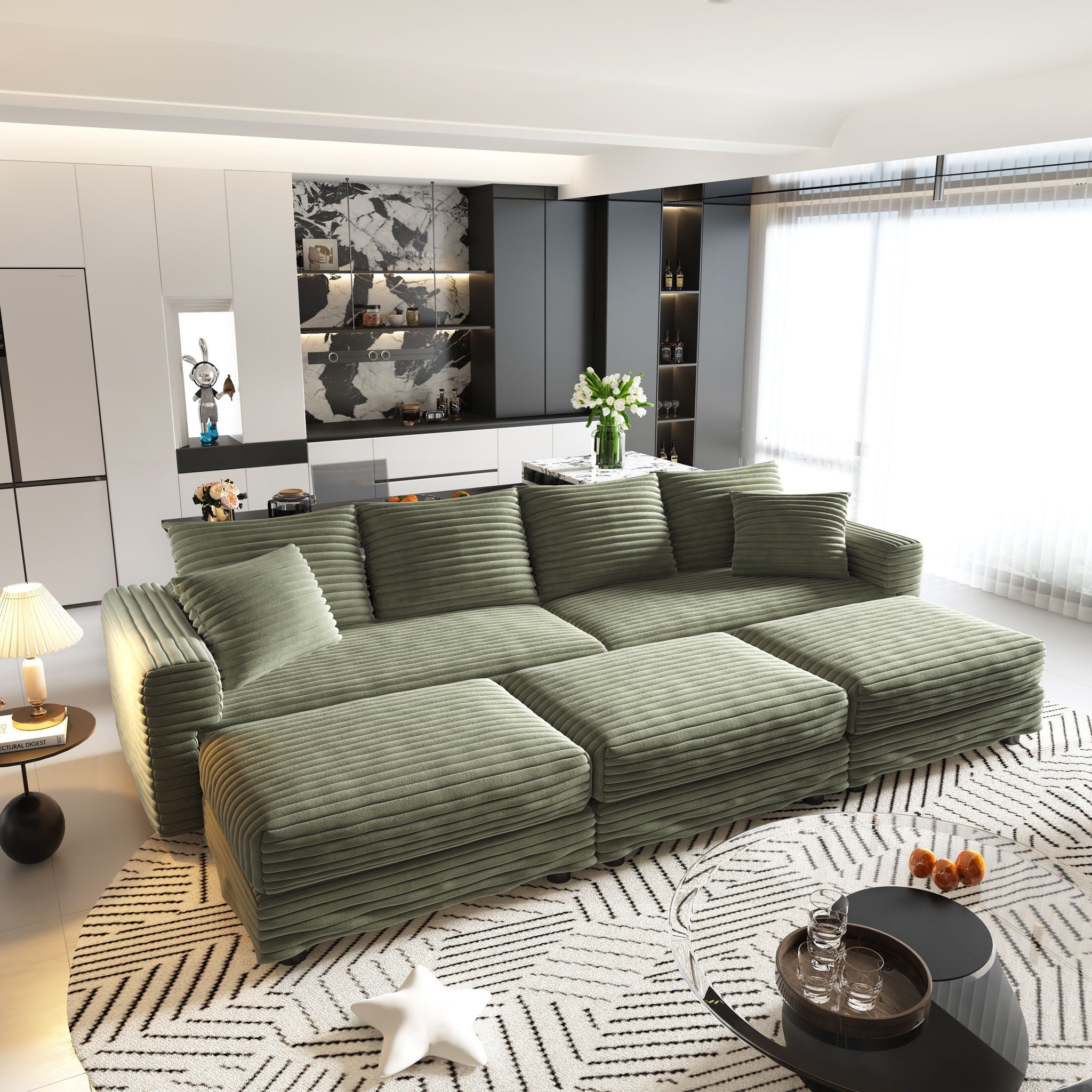 Convertible Deep Seat Sofa With Soft Pillows And Ottomans
