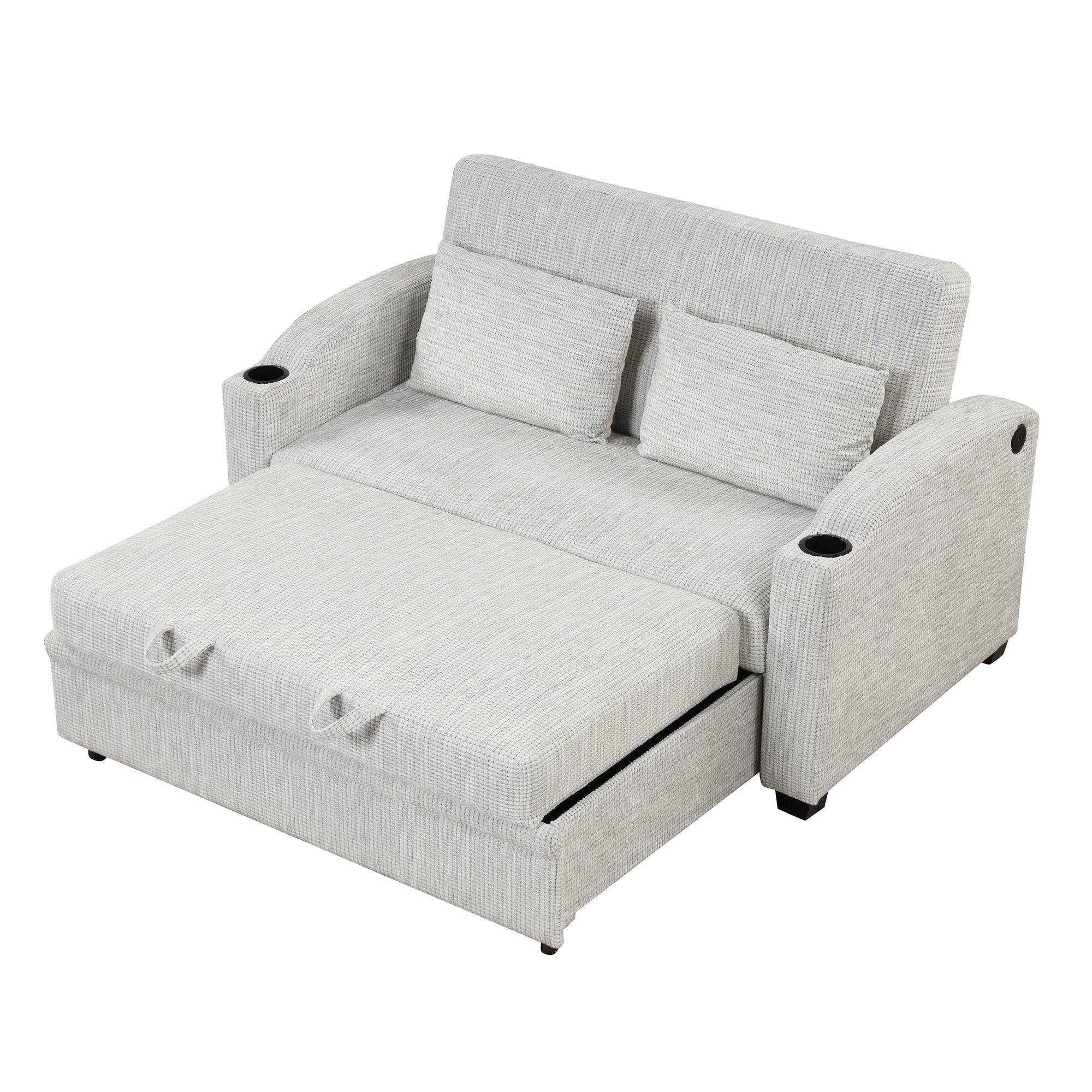 Pull Out Loveseat Sofa With Adjsutable Backrest, 2 Pillows, Cup Holders, USB Ports For Living Room