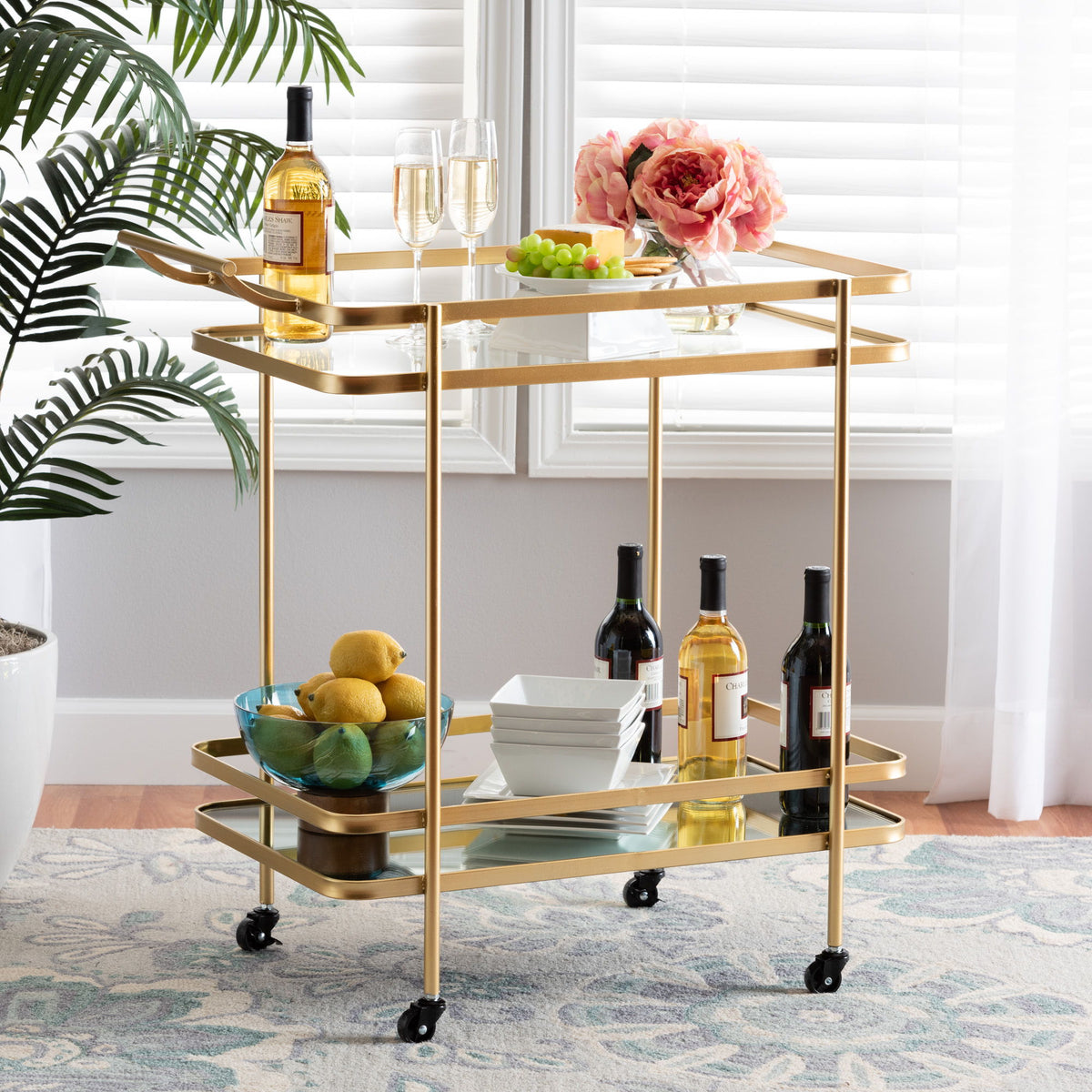 Destin Modern and Contemporary Glam Brushed Gold Finished Metal and Mirrored Glass 2-Tier Mobile Wine Bar Cart