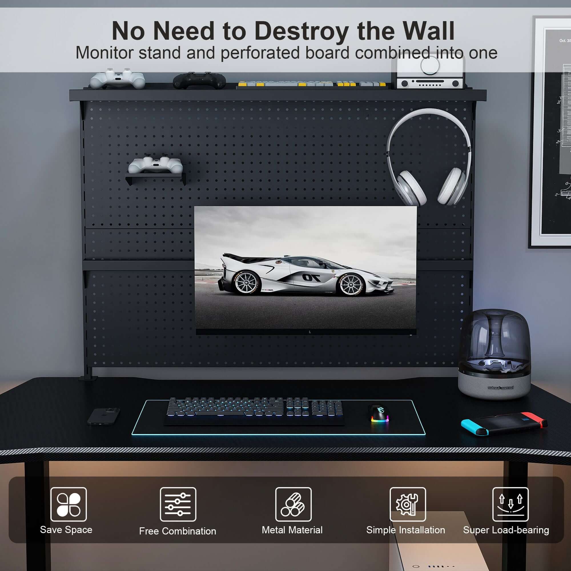 Clamp On Desk Pegboard With Single Monitor Stand