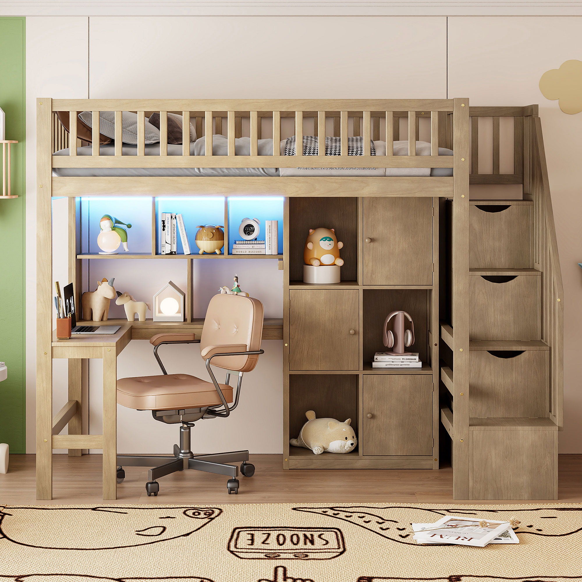 Loft Bed With Built In L Shaped Desk, LED Lights, Storage Shelves, Cabinets, And Staircase