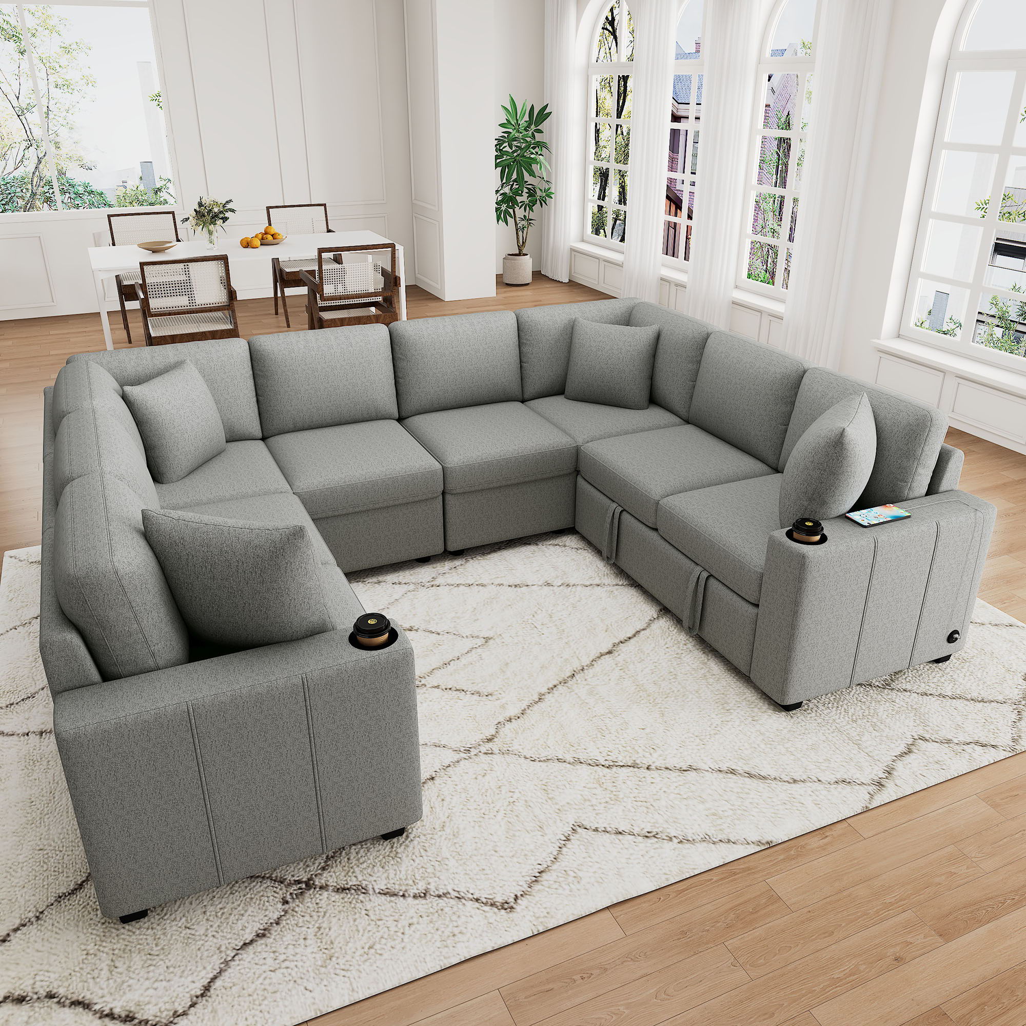 Modern U-Shaped Sectional Sofa Convertible Pull-Out Sofa Bed With USB Ports And Cup Holders
