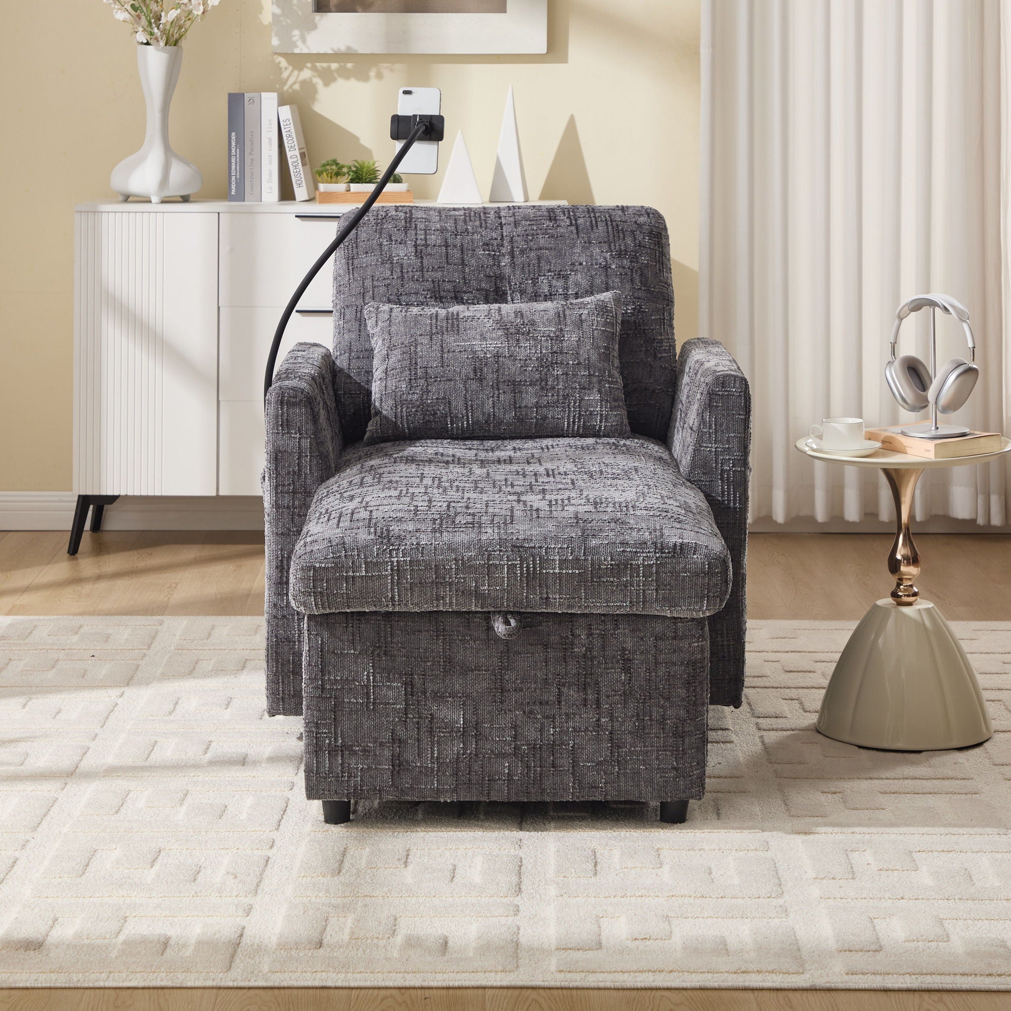 Multifunctional Chenille Recliner Sofa With Storage And Phone Bracket