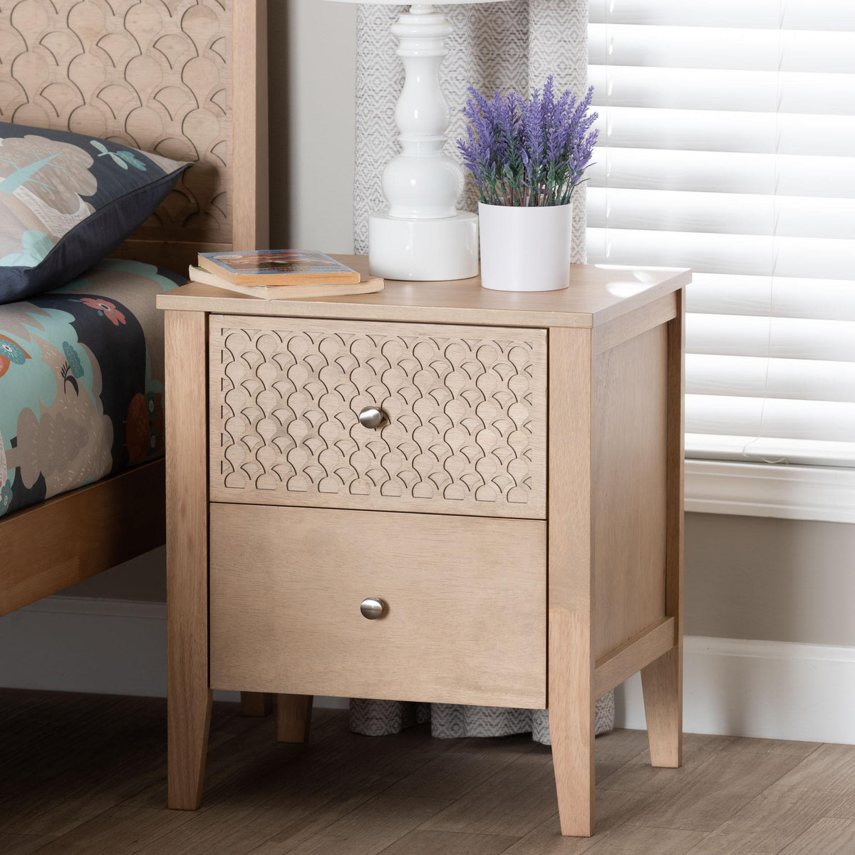 Lara Nightstand - 2-Drawer Bedside Table with Laser-Cut Geometric Overlay for Bedroom or Guest Room, Oak Brown