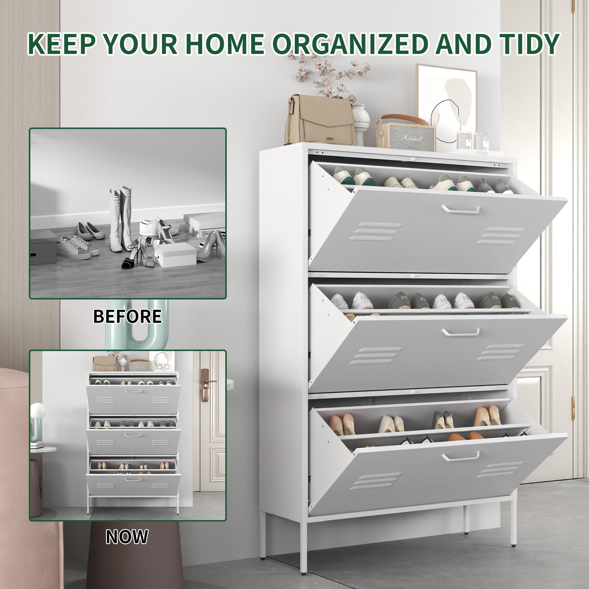 Modern Shoe Storage Cabinet With 3 Flip Drawers And Metal Frame For Entryway - Brushed Nickel