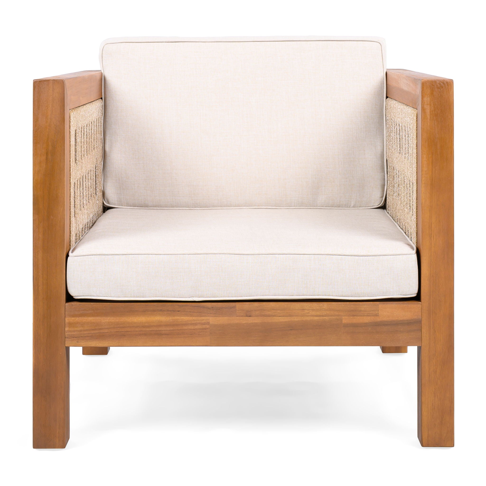 Outdoor Club Chair & Rope Arm And Cushions - Beige / Teak