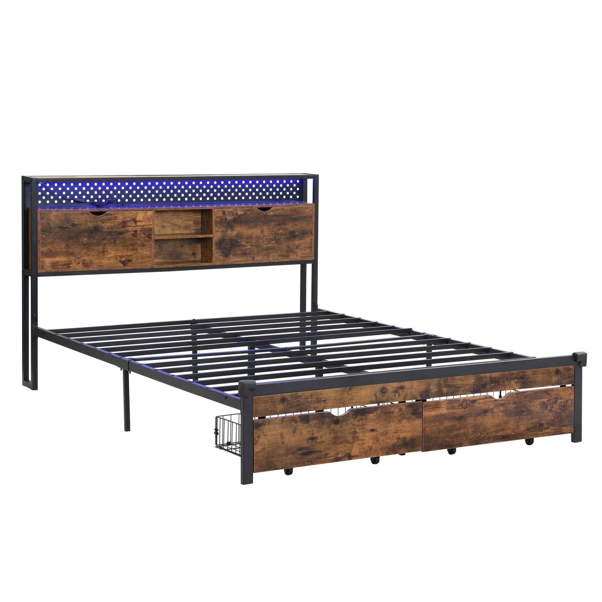 Modern Metal Platform Bed Frame With Wooden Headboard, USB Charging Station, Storage Drawers