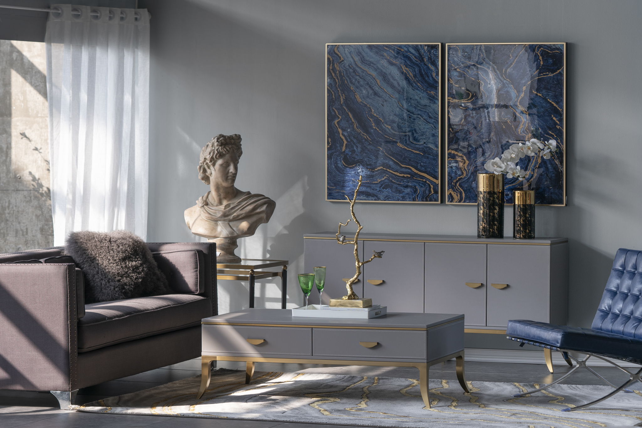 Framed Art Panels, Unique Marbled Design (Set of 2) - Blue