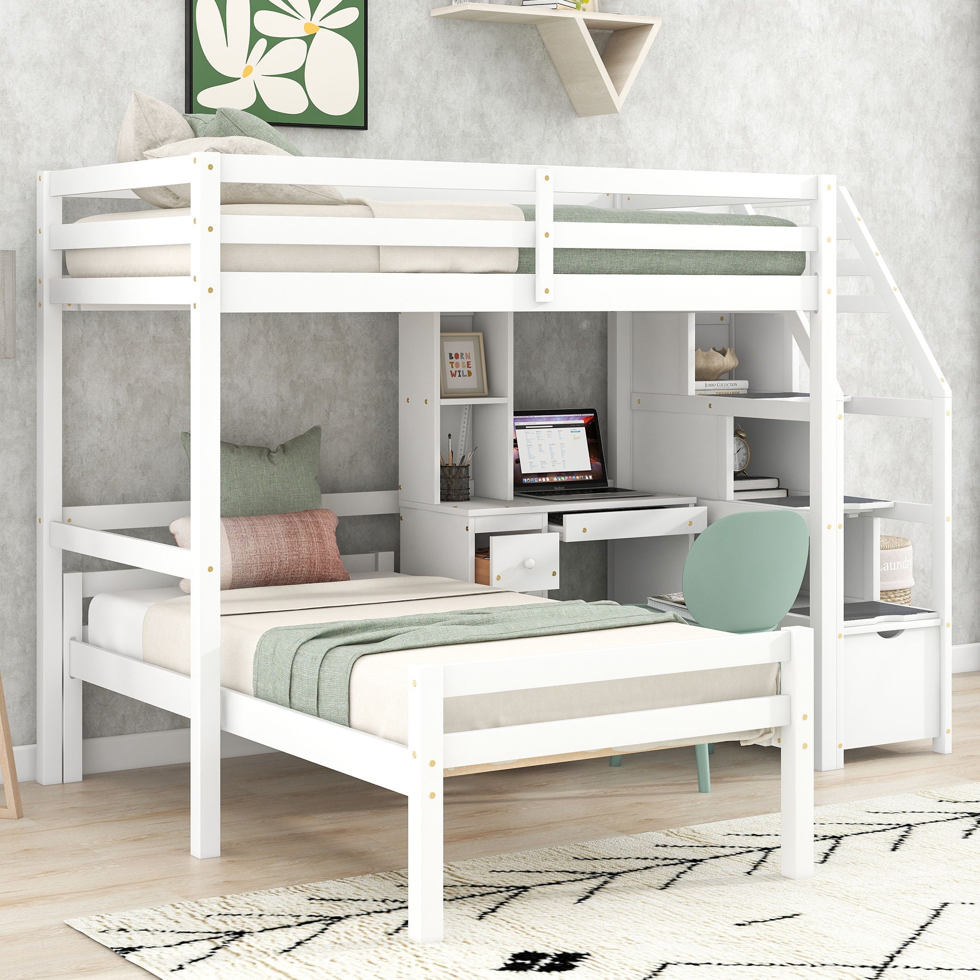 Loft Bed With Stand Alone Bed, Storage Staircase, Desk, Shelves, And Drawers