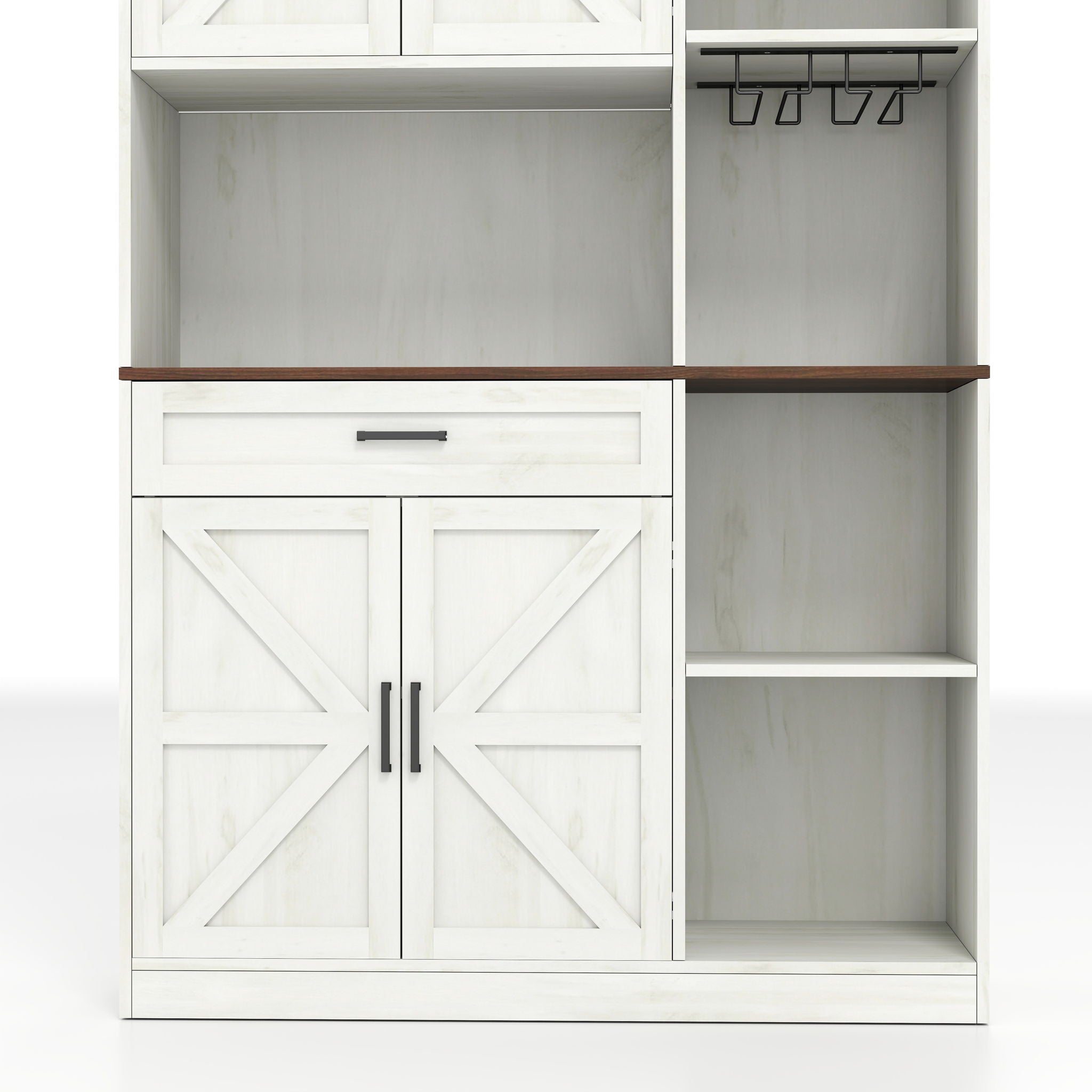 Farmhouse Kitchen Pantry Sideboard With Cabinet And Drawer, Multi Functional Kitchen Buffet With Hutch And Glass Holder, Microwave Stand With Charging Station - Brown / Antique White