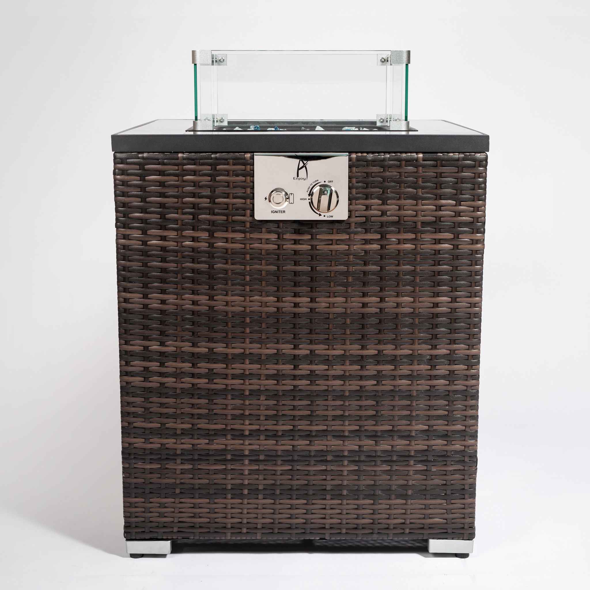 Propane Gas Square Fire Pit, Tile Tabletop With Beautiful Wicker Base For Outside