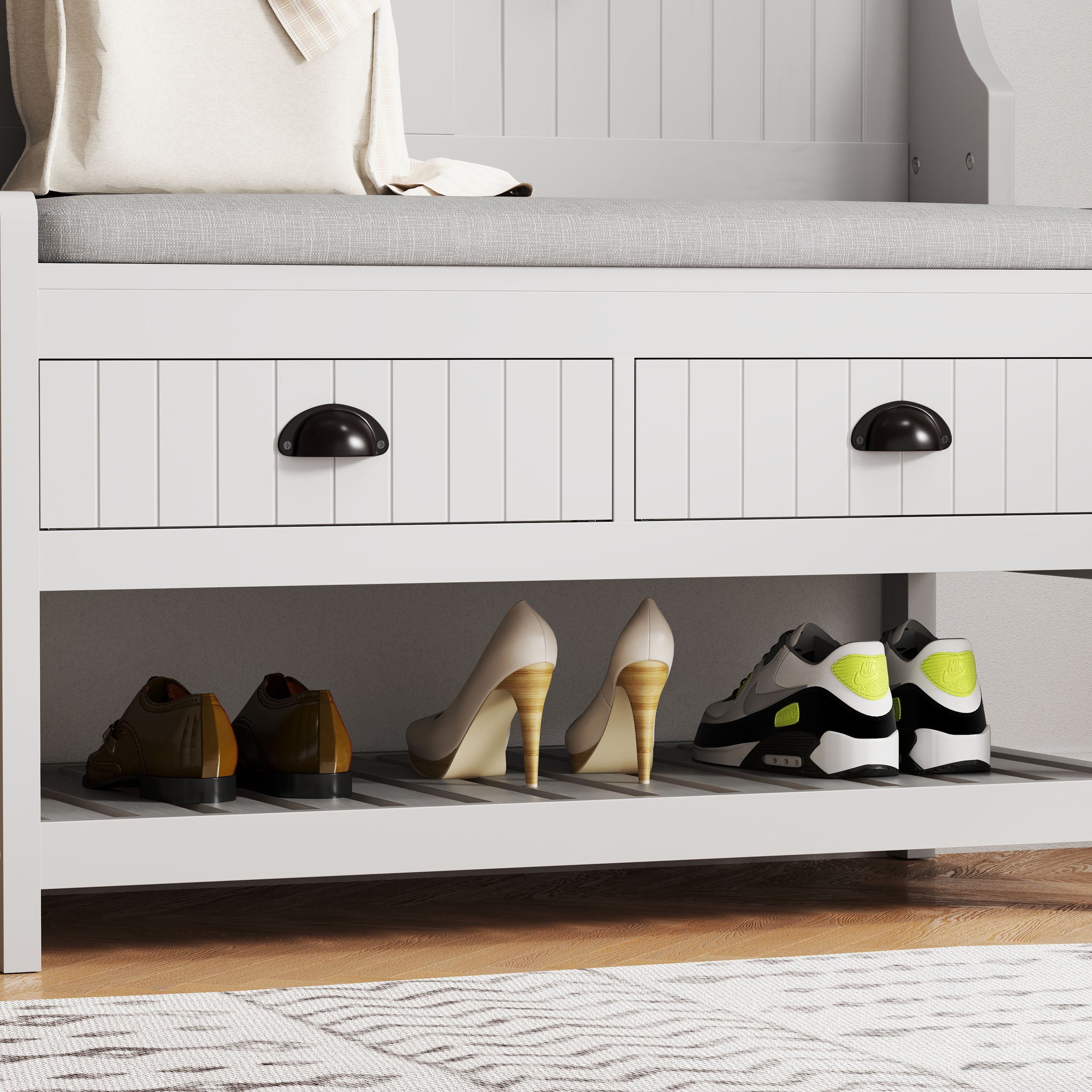 Modern 3 In 1 Hallway Hall Tree With Storage Drawers, Coat Rack, Shoe Rack Bench And Cushion