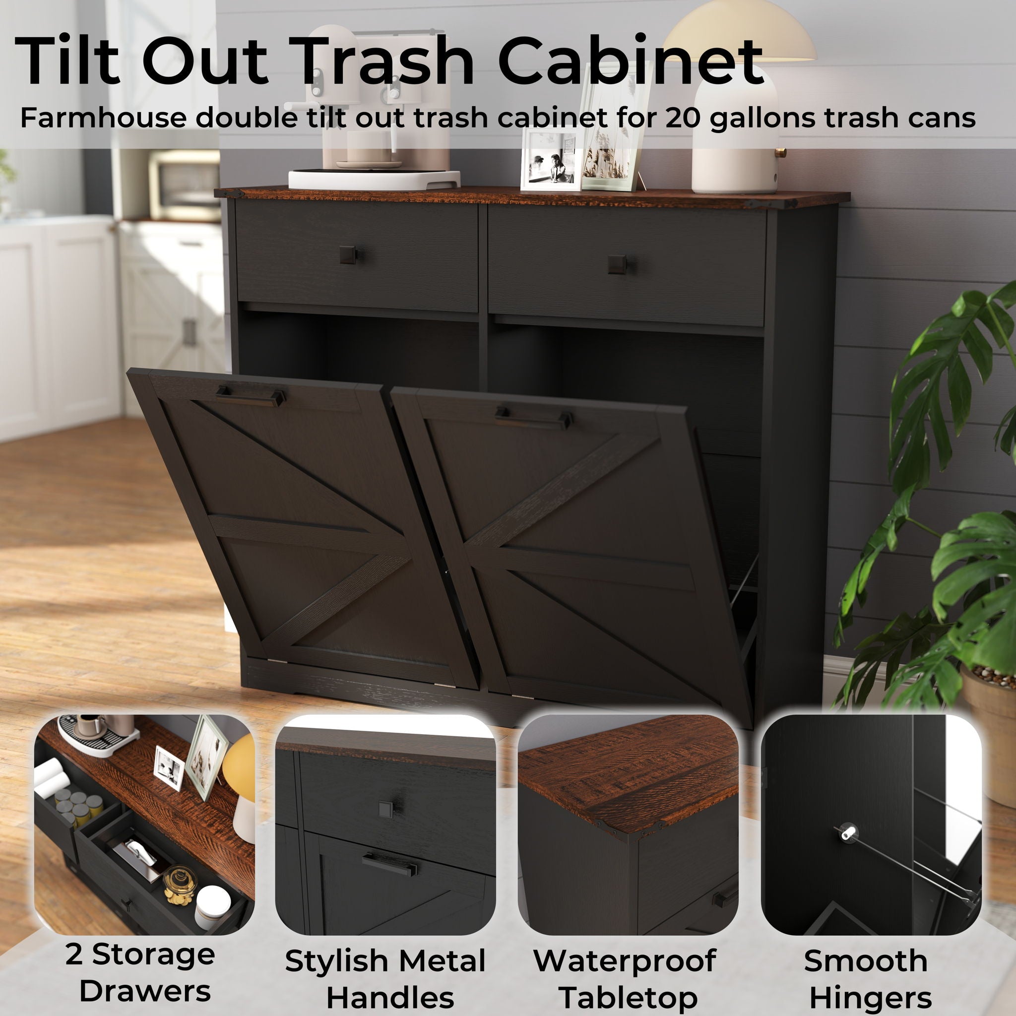 Double Tilt Out Trash Cabinet With Hideaway Drawer And Barn Door Style