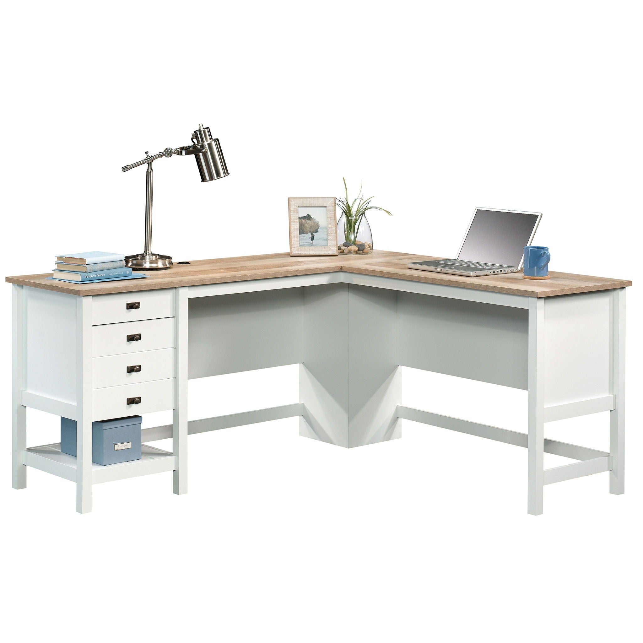 White L-Shaped Desk with Oak Finished Top