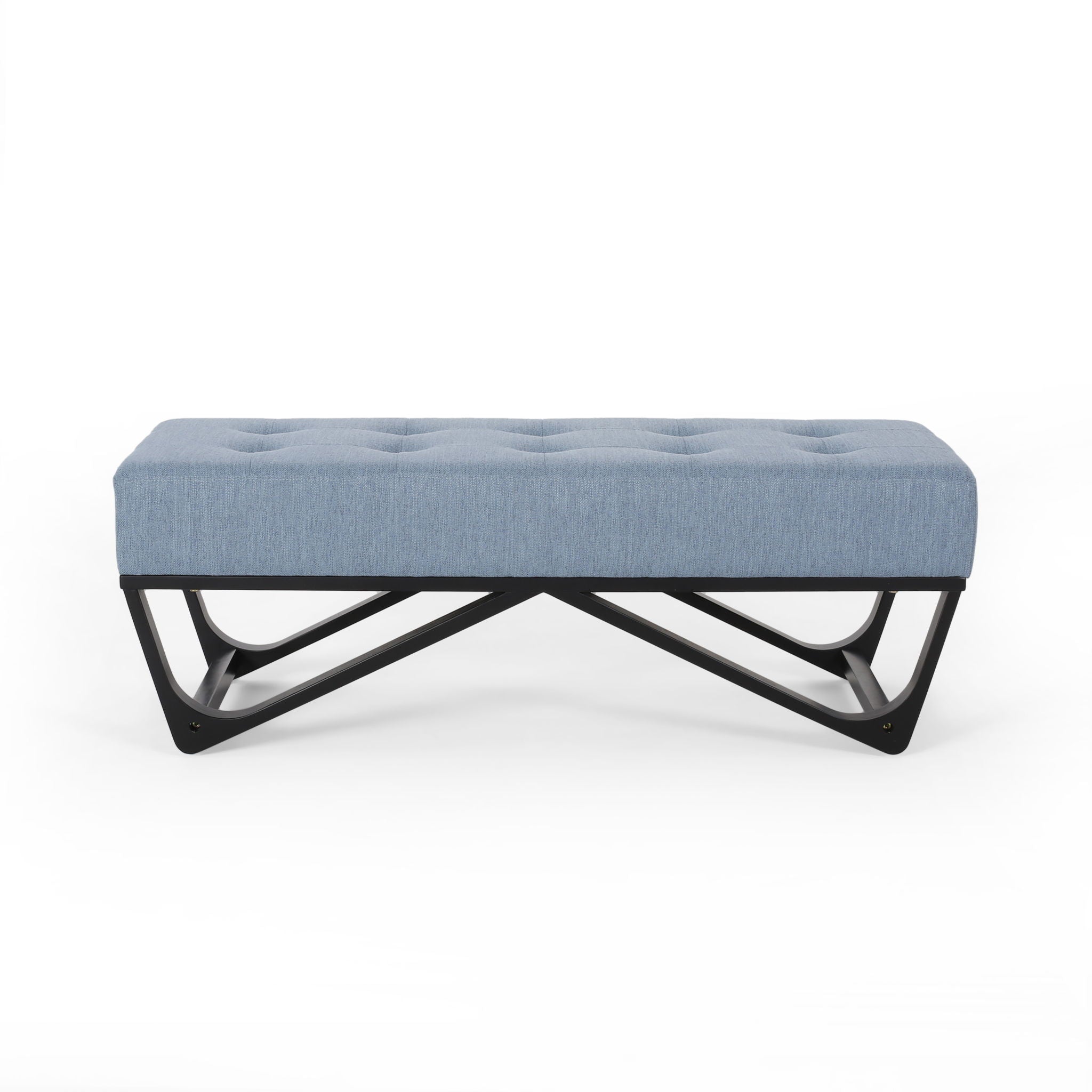 Upholstered Ottoman With Button Tufted Waffle Stitch And Black Geometric Legs - Light Blue