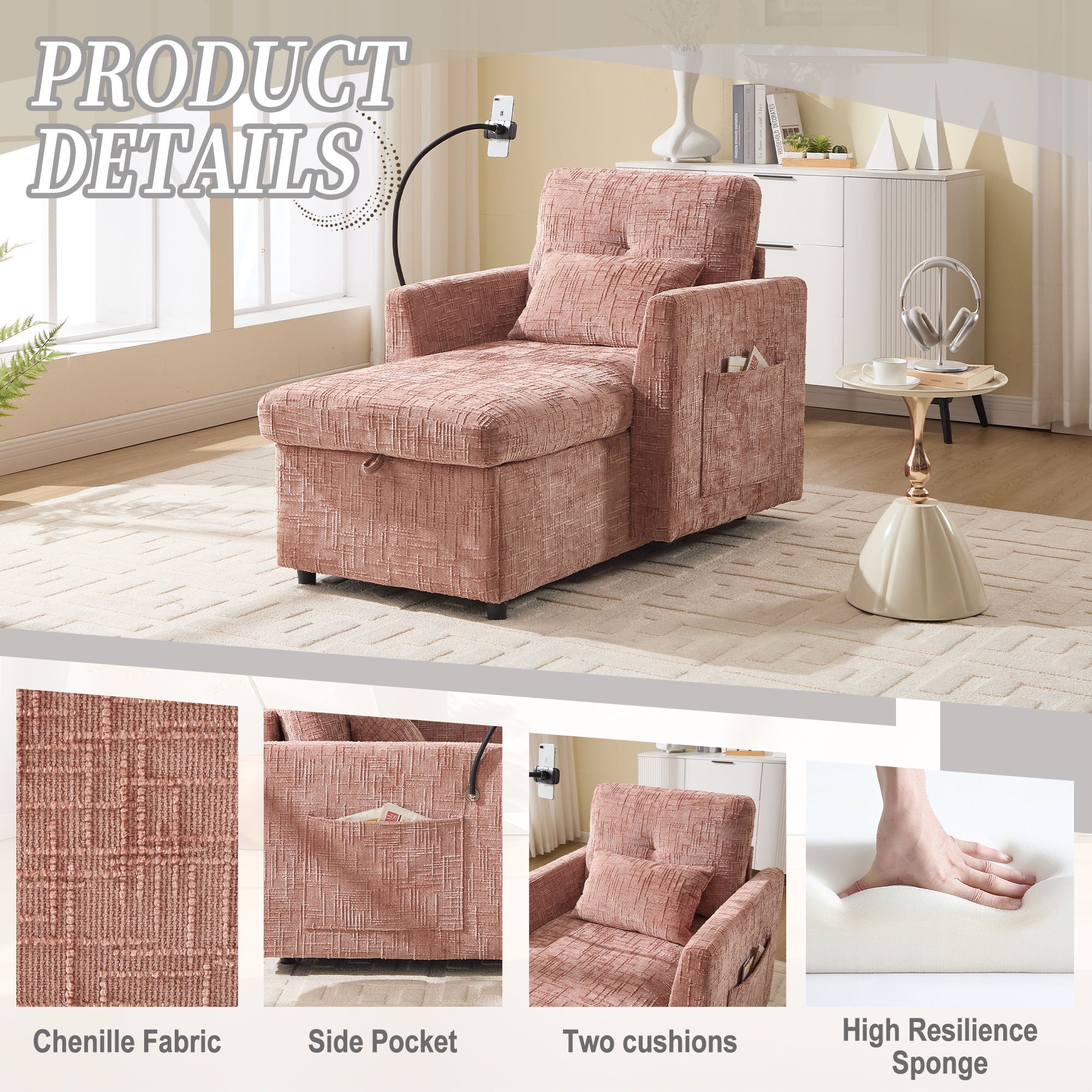 Multifunctional Chenille Recliner Sofa With Storage And Phone Bracket