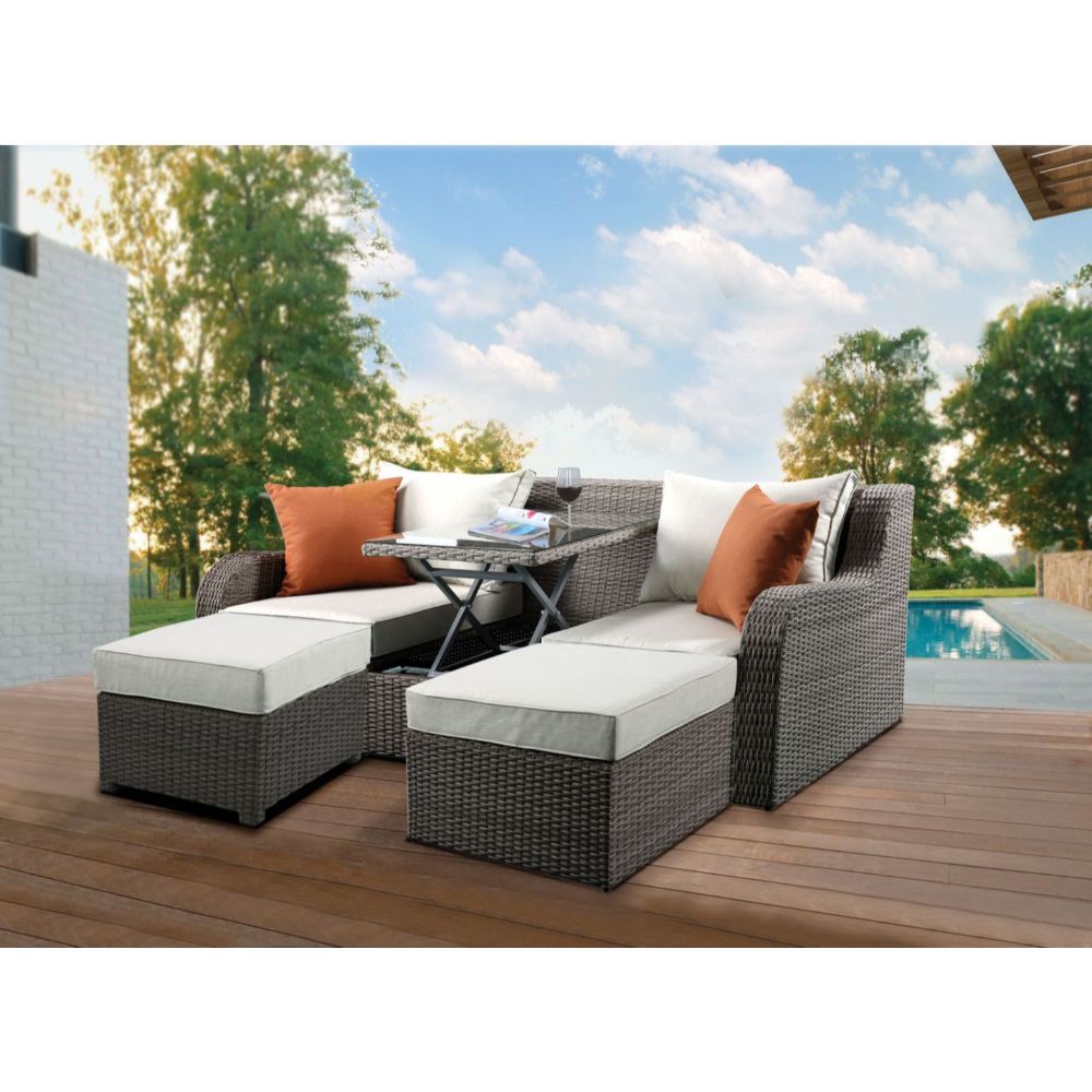 ACME Salena - Patio Sofa & Ottoman - Beige Fabric & Gray Wicker - 30" | Meri Furniture