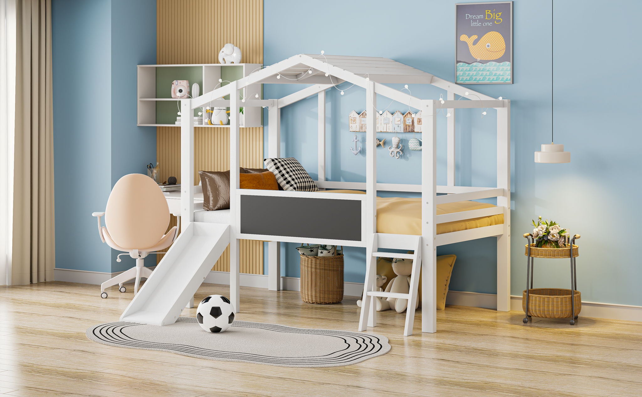 Loft House Bed With Ladder And Slide, With Blackboard And Light Strip On The Roof