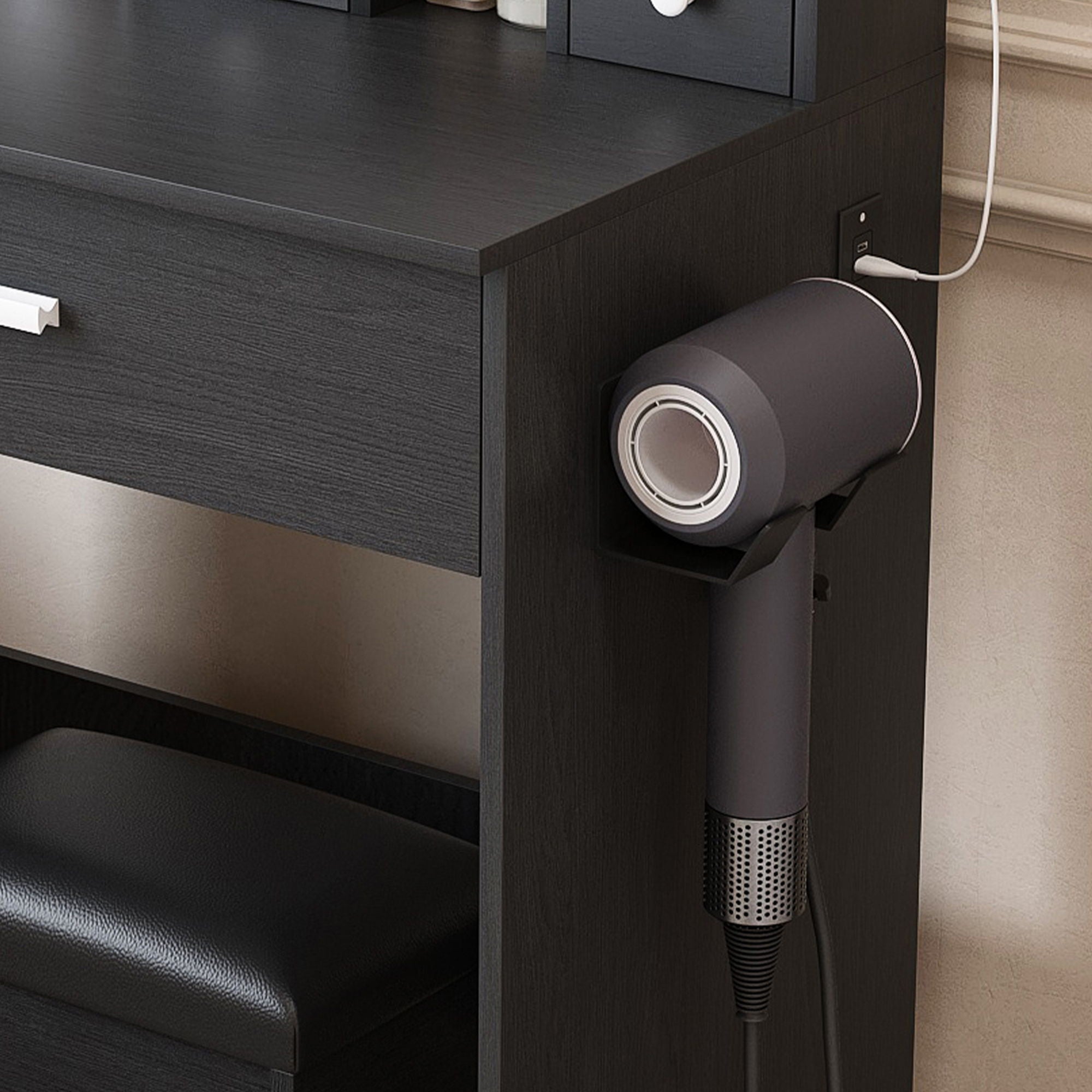 Vanity Table With Mirror, Adjustable LED Lights, Power Outlet, Hairdryer Holder & Stool