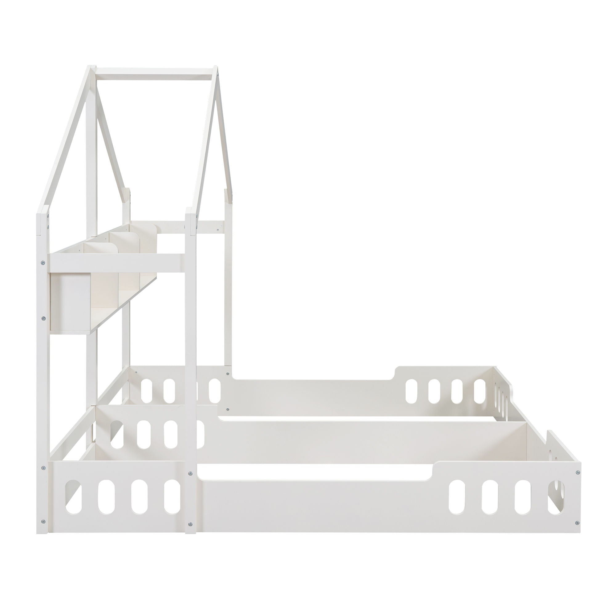 Twin Size Platform Bed With Shared Design, Guardrails, And Built In Shelves - Creamy White